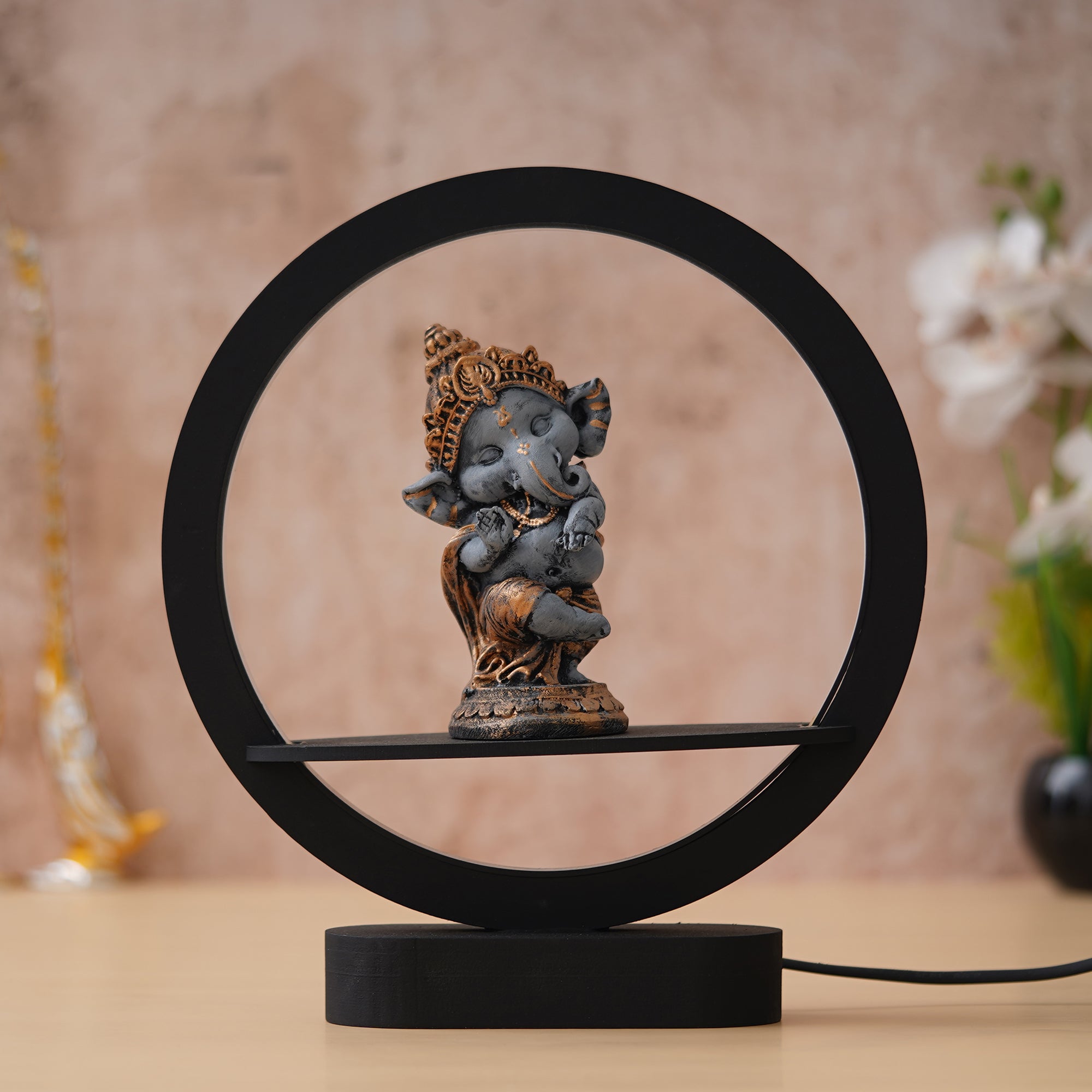eCraftIndia Grey and Golden Polyresin Handcrafted Lord Ganesha Idol Decorative Circular Night Lamp