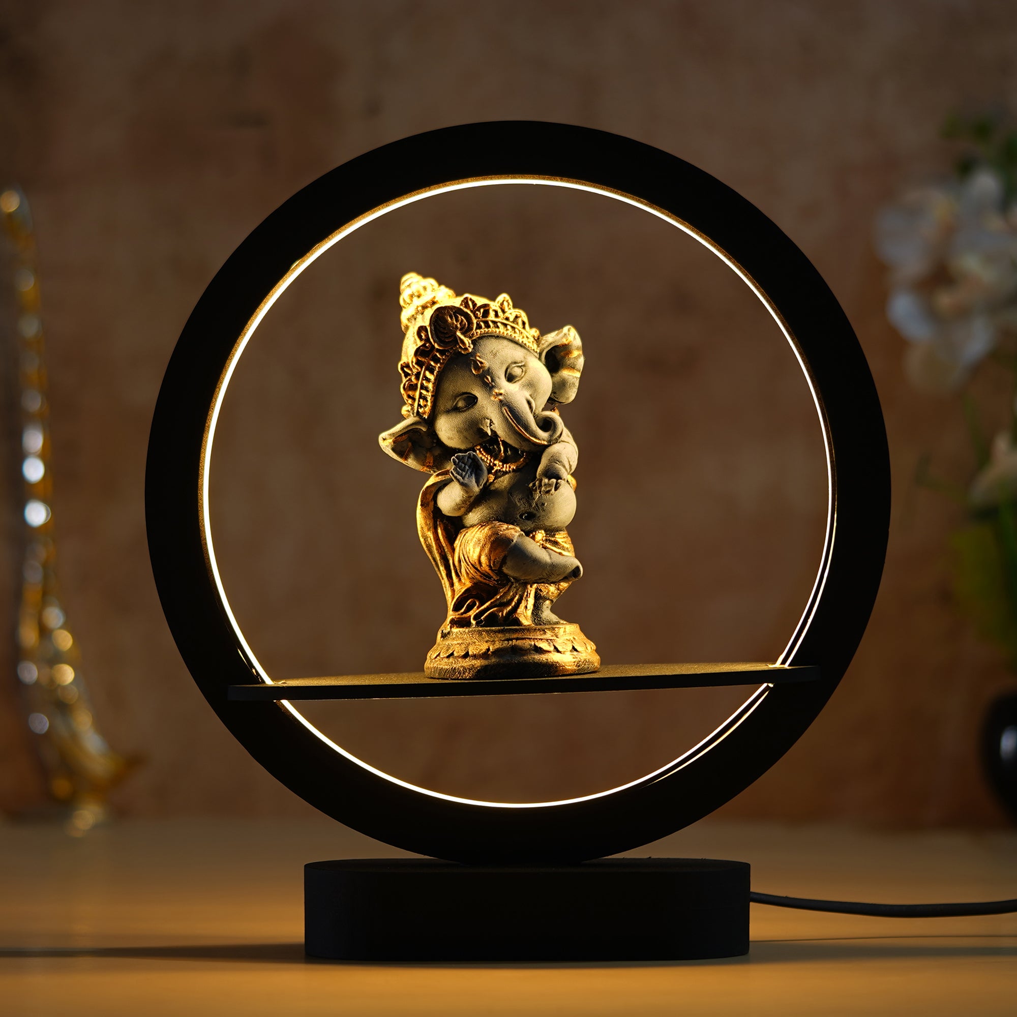 eCraftIndia Grey and Golden Polyresin Handcrafted Lord Ganesha Idol Decorative Circular Night Lamp 1