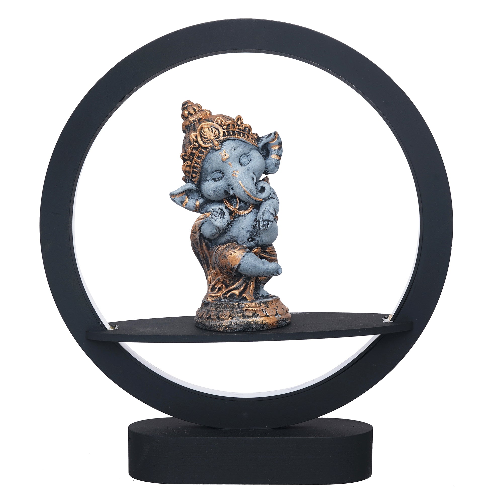 eCraftIndia Grey and Golden Polyresin Handcrafted Lord Ganesha Idol Decorative Circular Night Lamp 2