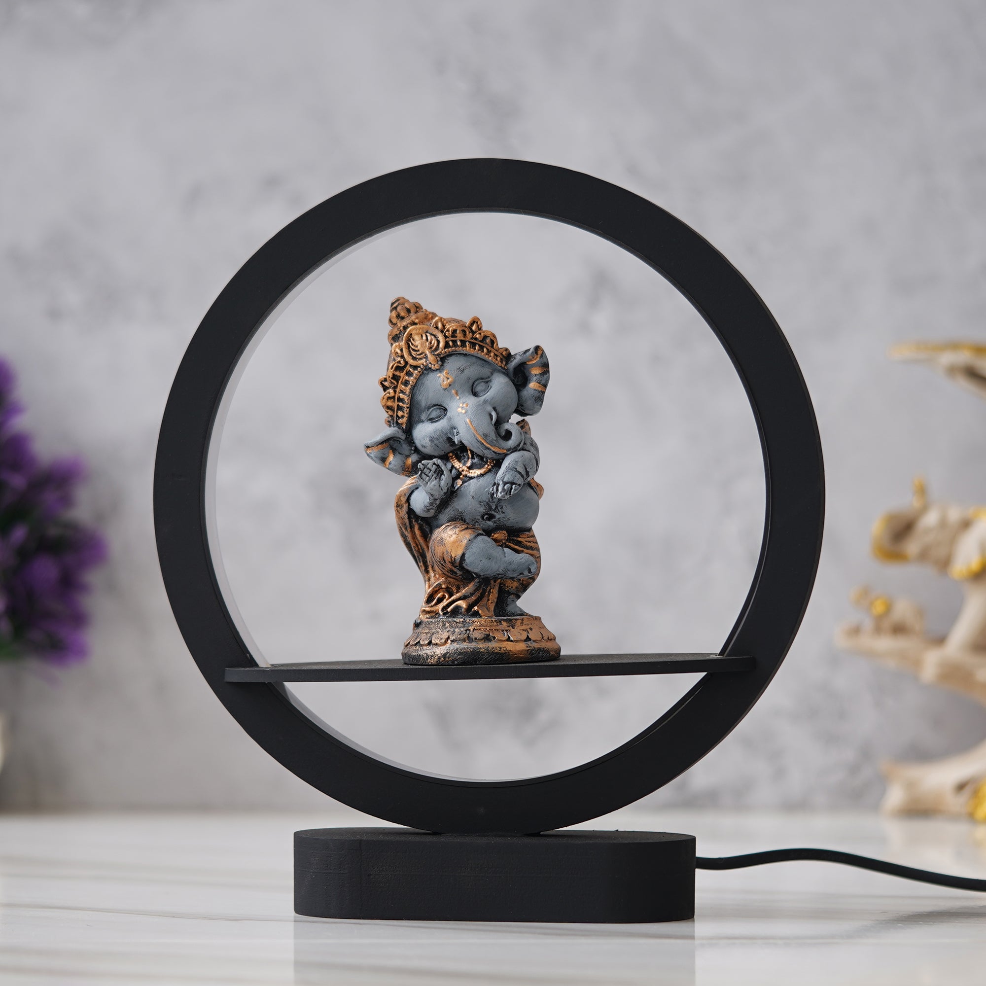 eCraftIndia Grey and Golden Polyresin Handcrafted Lord Ganesha Idol Decorative Circular Night Lamp 4