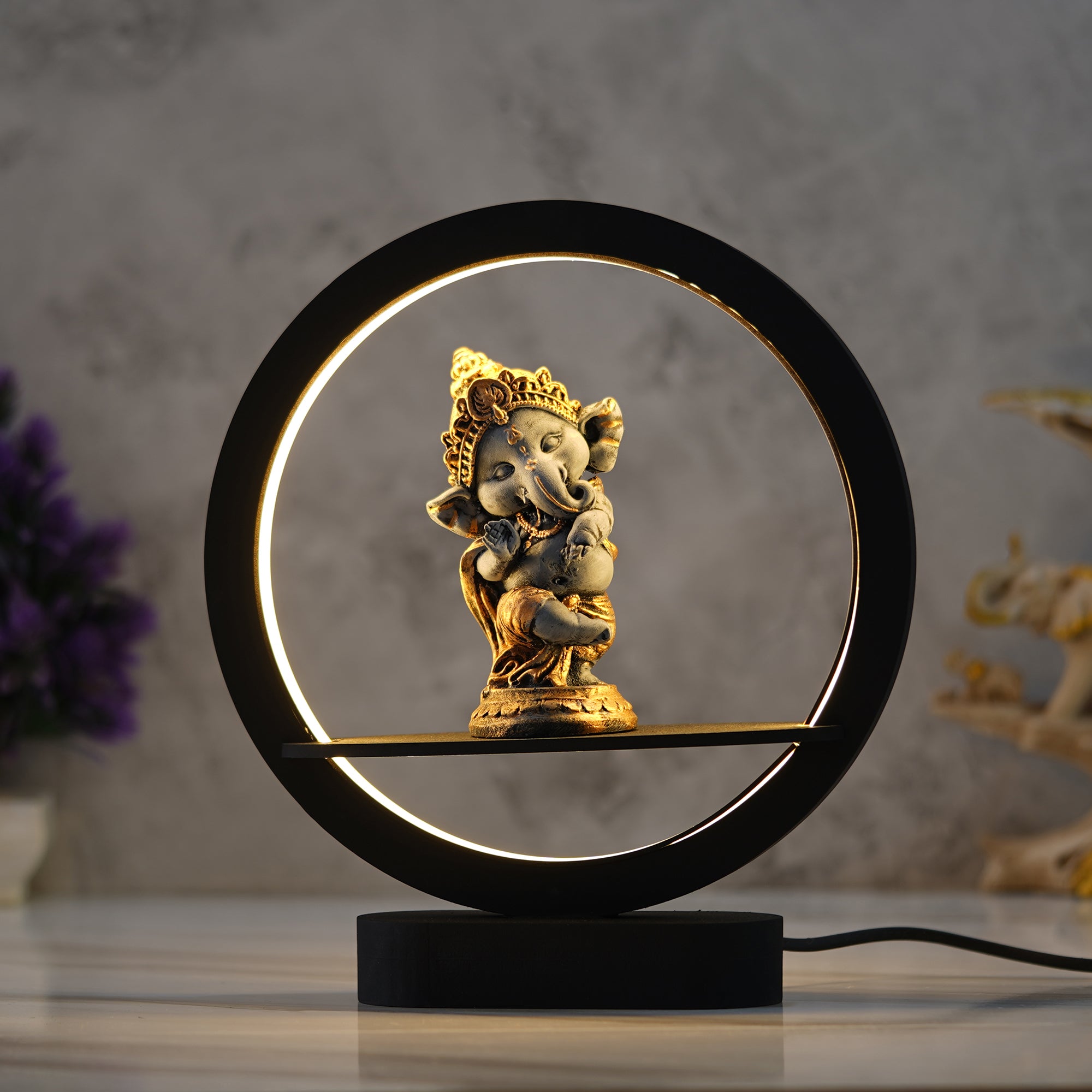 eCraftIndia Grey and Golden Polyresin Handcrafted Lord Ganesha Idol Decorative Circular Night Lamp 5