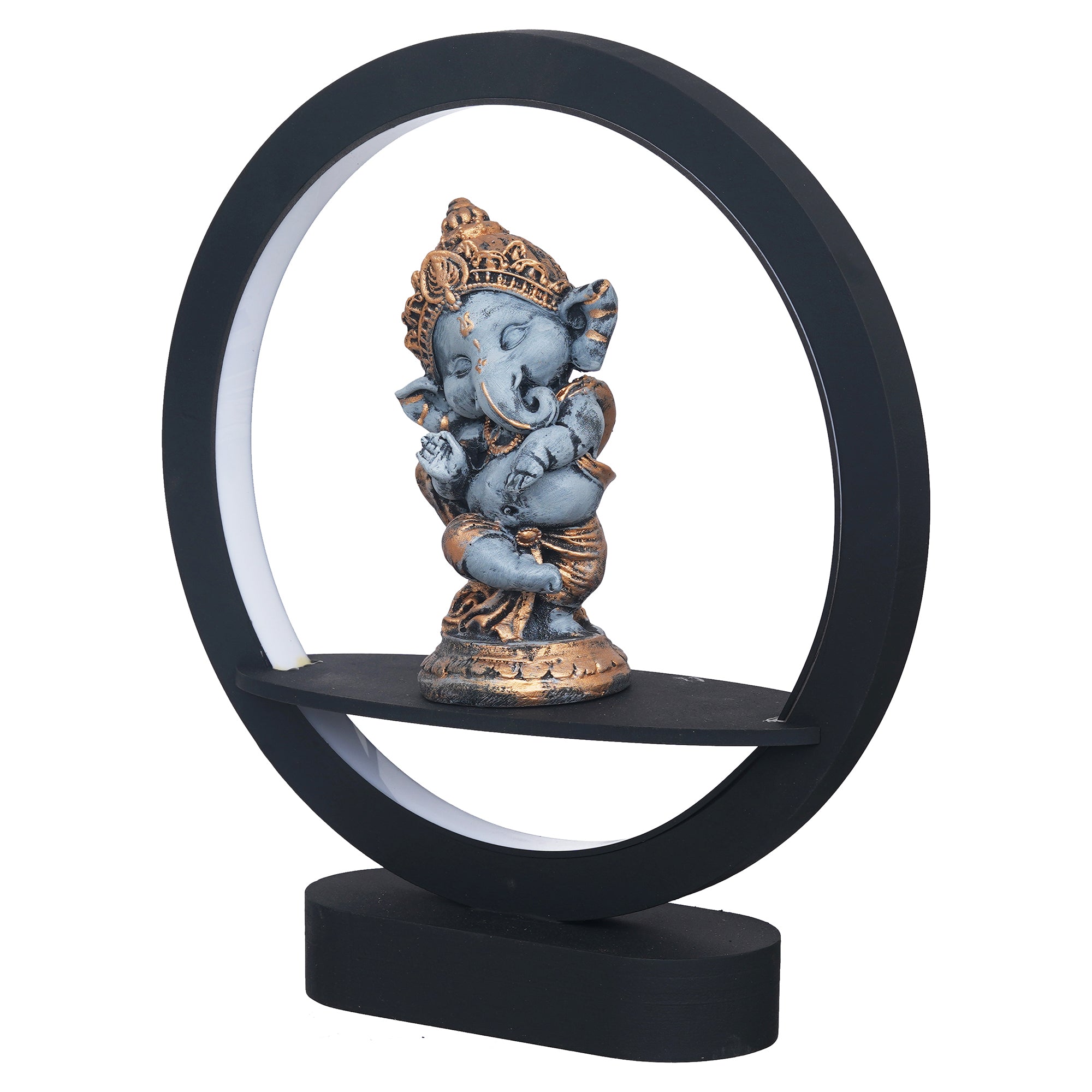 eCraftIndia Grey and Golden Polyresin Handcrafted Lord Ganesha Idol Decorative Circular Night Lamp 7