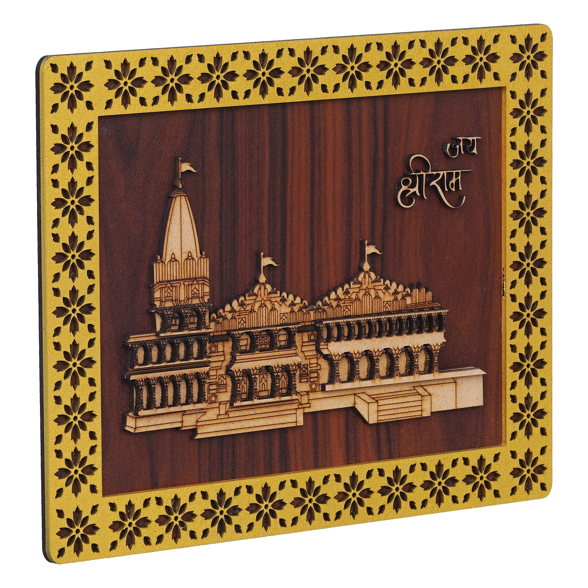 eCraftIndia Jai Shri Ram Mandir Ayodhya Decorative Wooden Frame - Religious Wall Hanging Showpiece for Home Decor, and Spiritual Gifting (Gold, Beige) 6