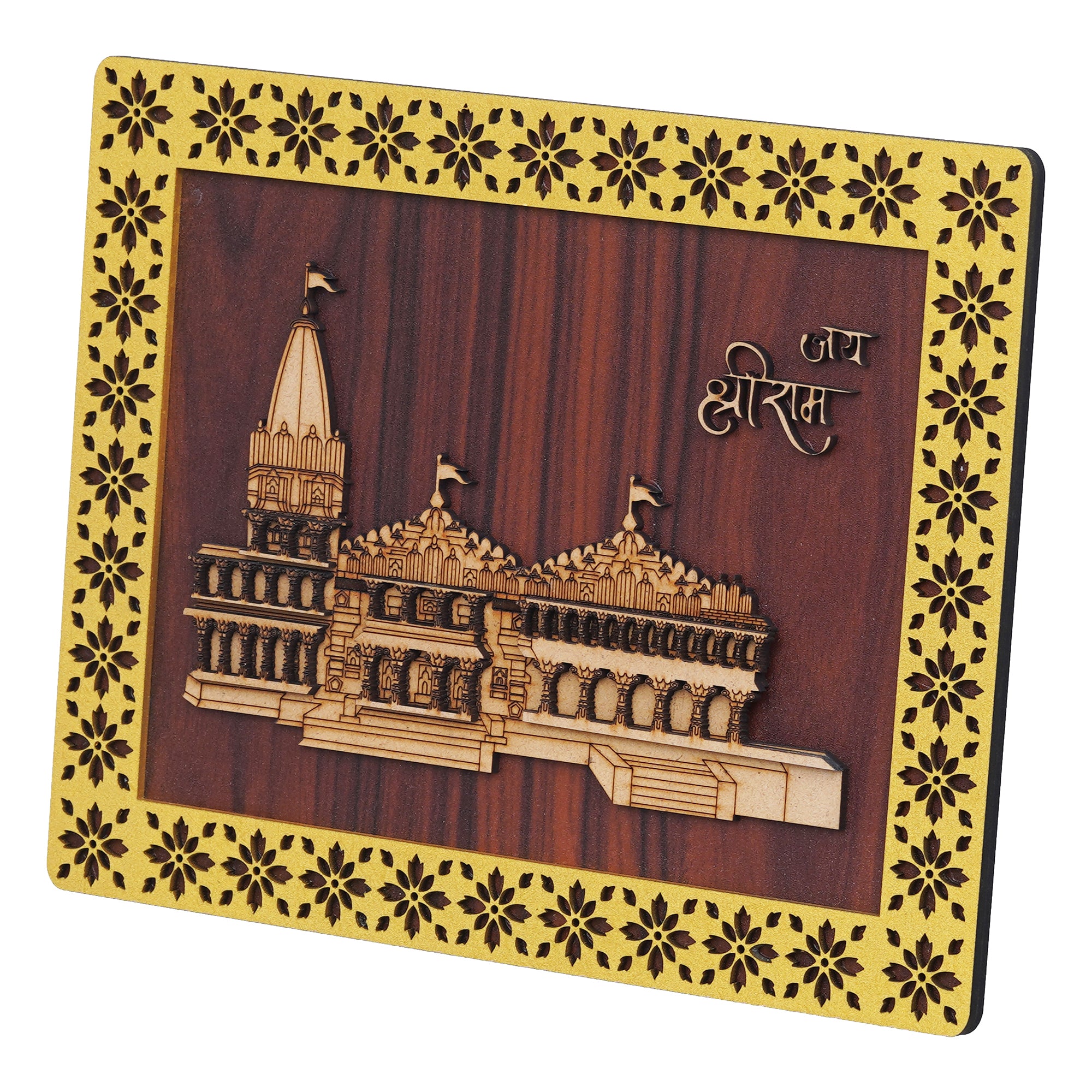 eCraftIndia Jai Shri Ram Mandir Ayodhya Decorative Wooden Frame - Religious Wall Hanging Showpiece for Home Decor, and Spiritual Gifting (Gold, Beige) 7