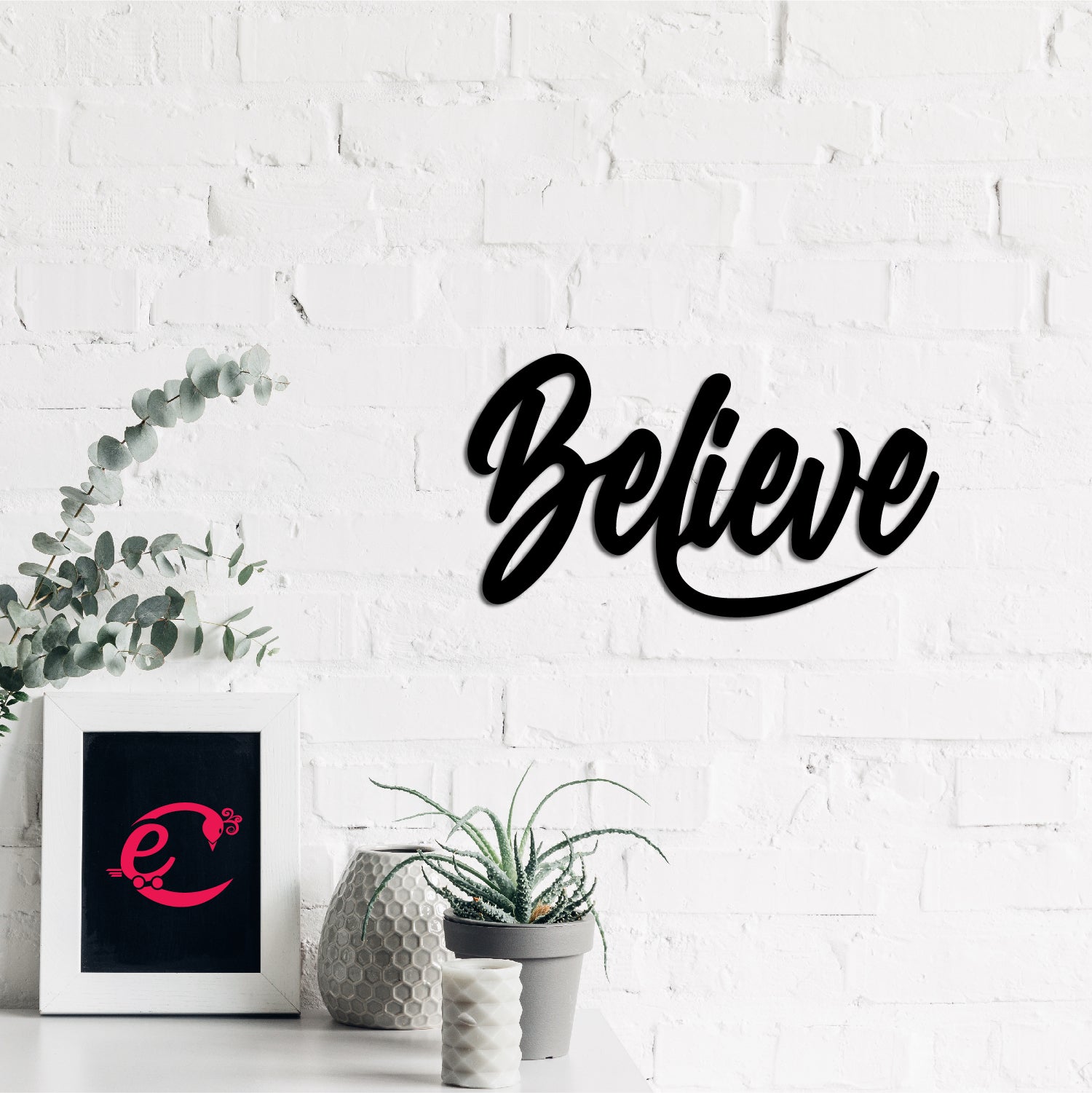 "Believe" Black Engineered Wood Wall Art Cutout, Ready to Hang Home Decor 3