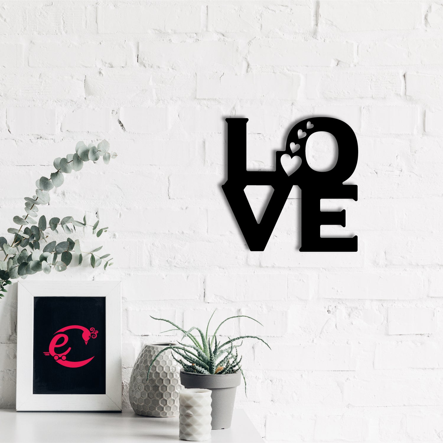 "Love with 4 Hearts" Valentine Theme Black Engineered Wood Wall Art Cutout, Ready to Hang Home Decor