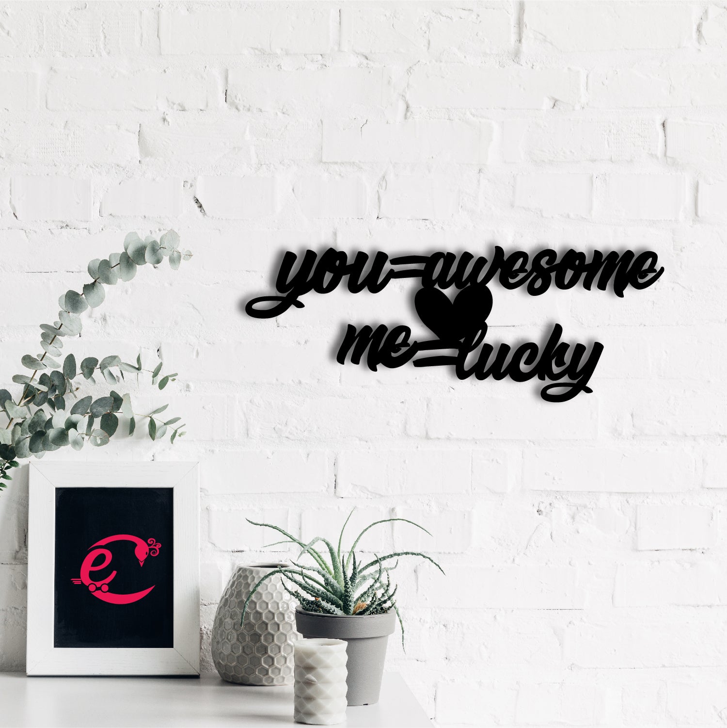 You Awesome, Me Lucky Love Theme Black Engineered Wood Wall Art Cutout, Ready To Hang Home Decor