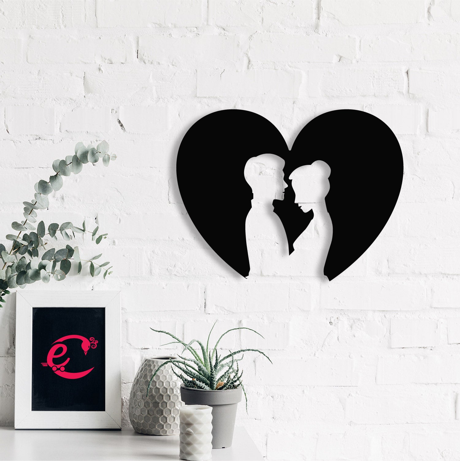 Loving Couple Carved out from Heart Black Engineered Wood Wall Art Cutout, Ready to Hang Home Decor