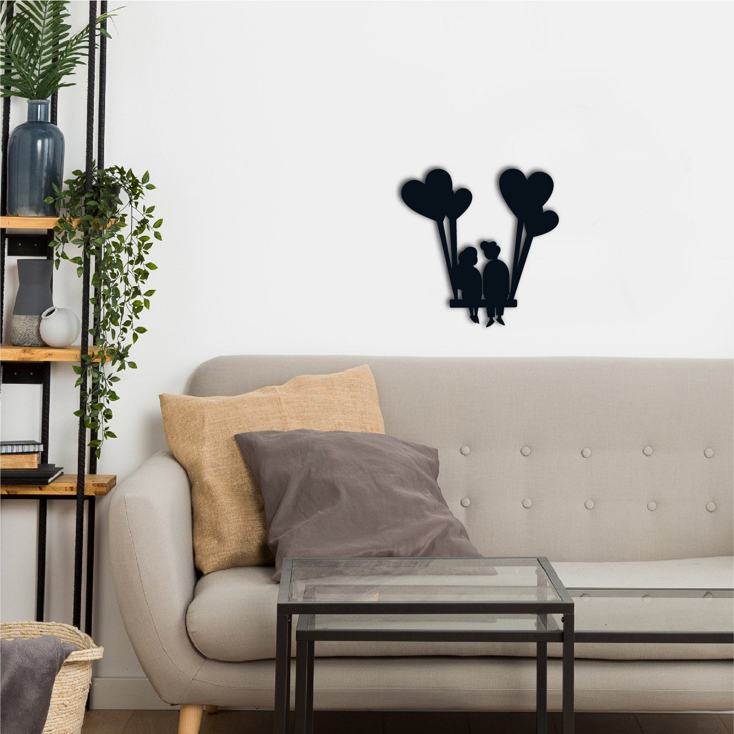 Young Loving Couple with Hearts Balloons Black Engineered Wood Wall Art Cutout, Ready to Hang Home Decor 1
