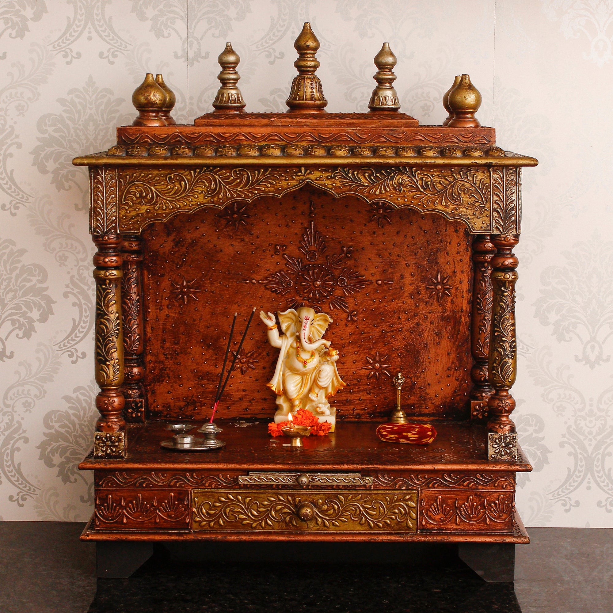 Brown Wooden Pooja Temple/Mandir with Storage Option 1