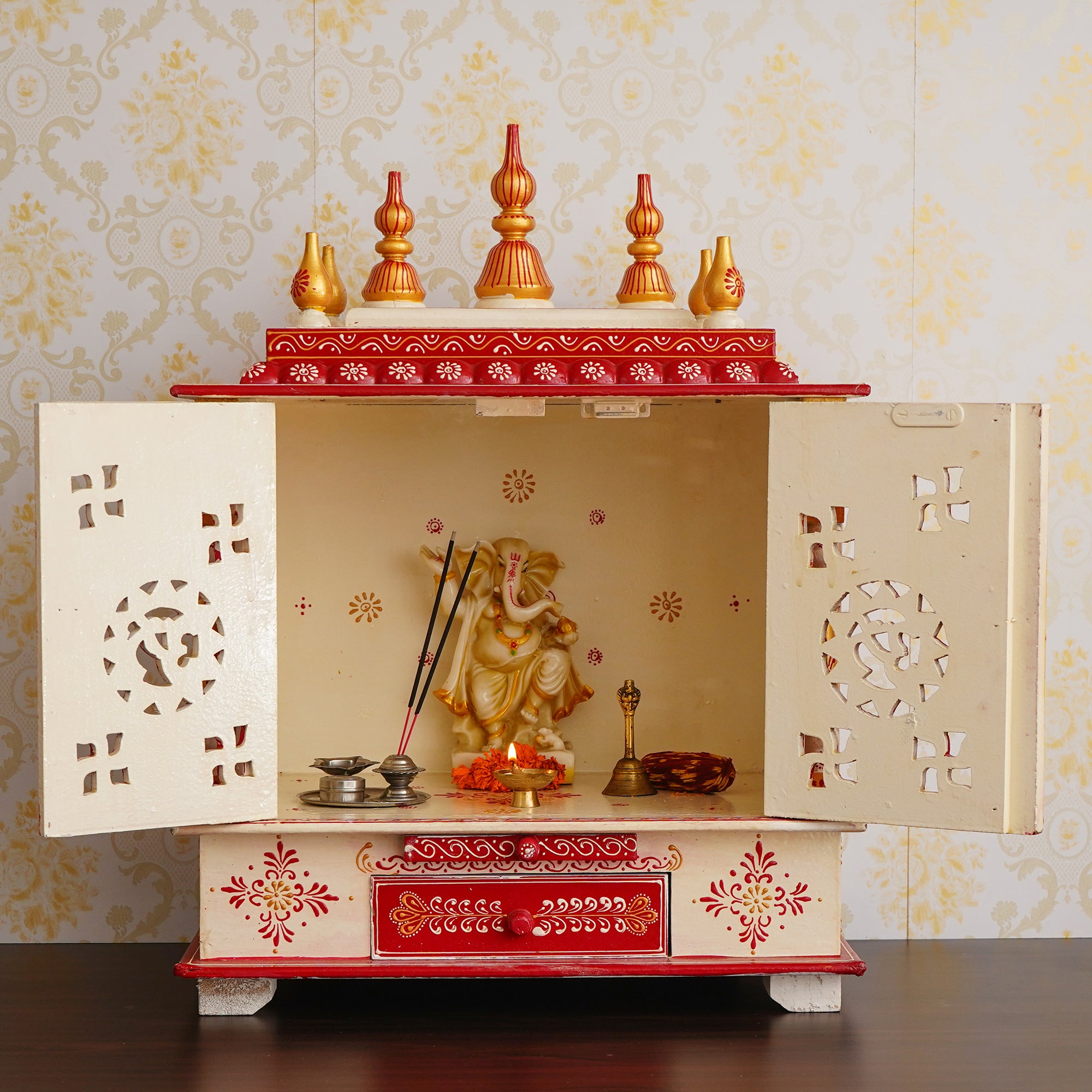 White and Red Wooden Pooja Temple/Mandir with Door and Storage Option 1