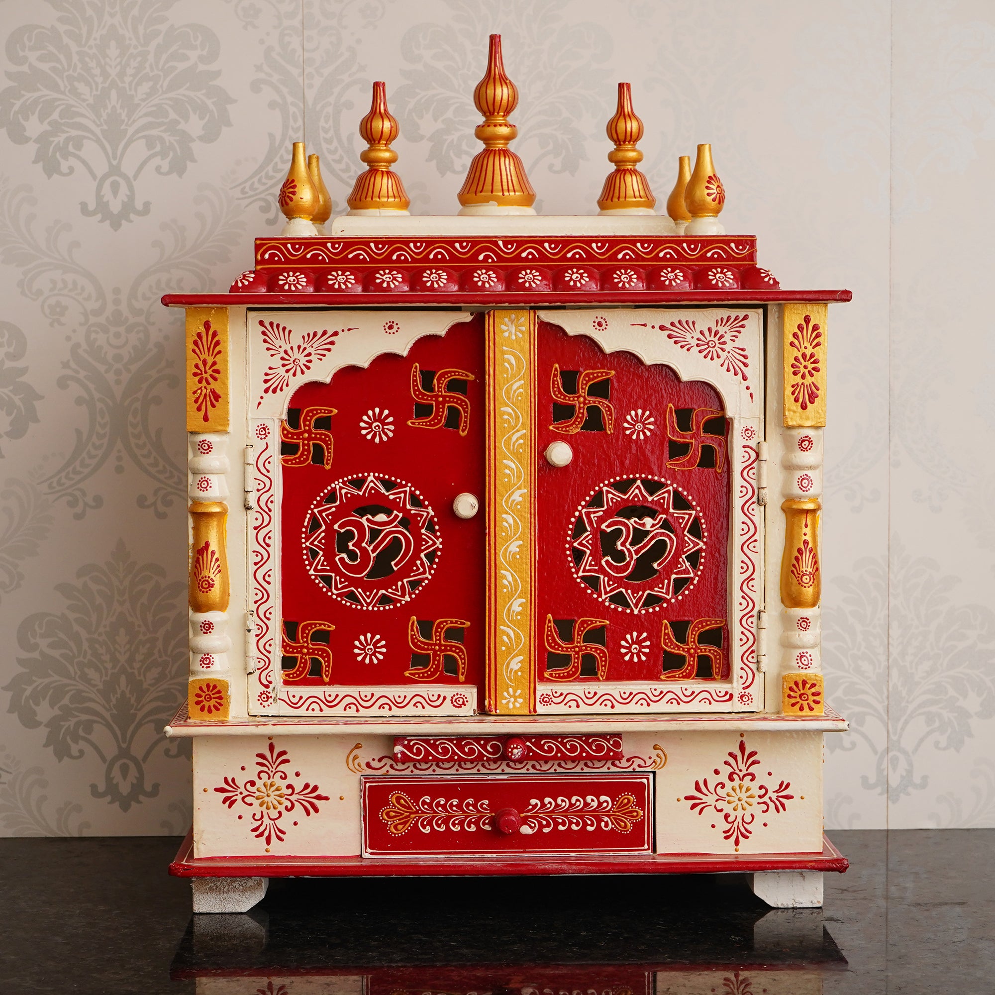 White and Red Wooden Pooja Temple/Mandir with Door and Storage Option