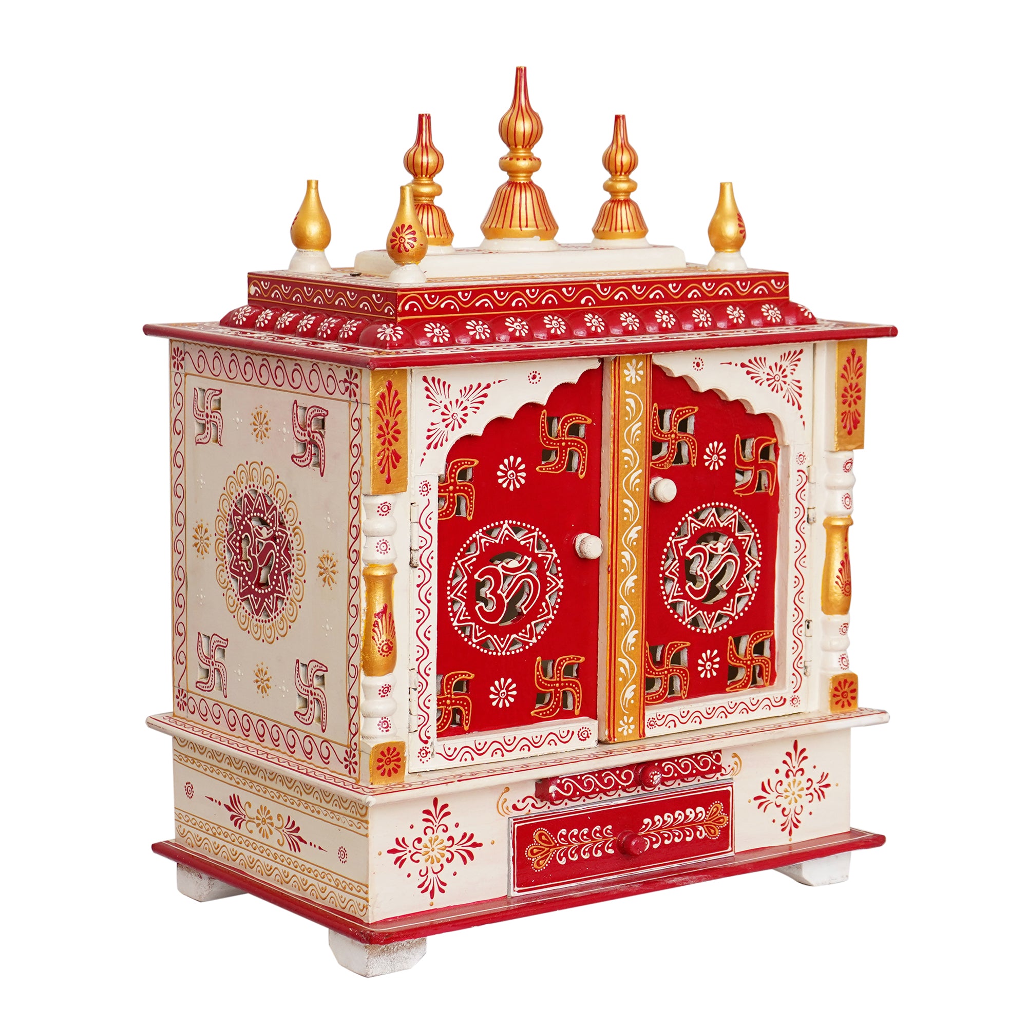 White and Red Wooden Pooja Temple/Mandir with Door and Storage Option 2