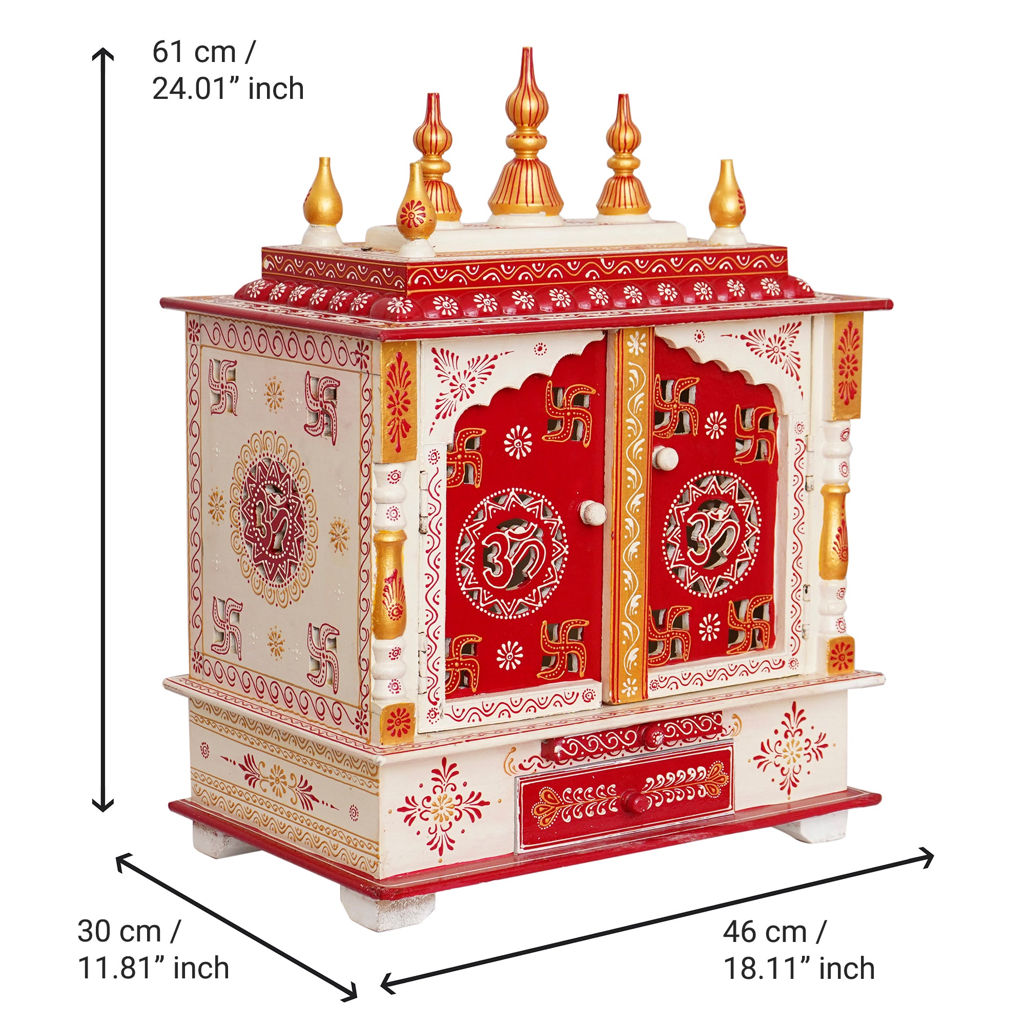 White and Red Wooden Pooja Temple/Mandir with Door and Storage Option 3