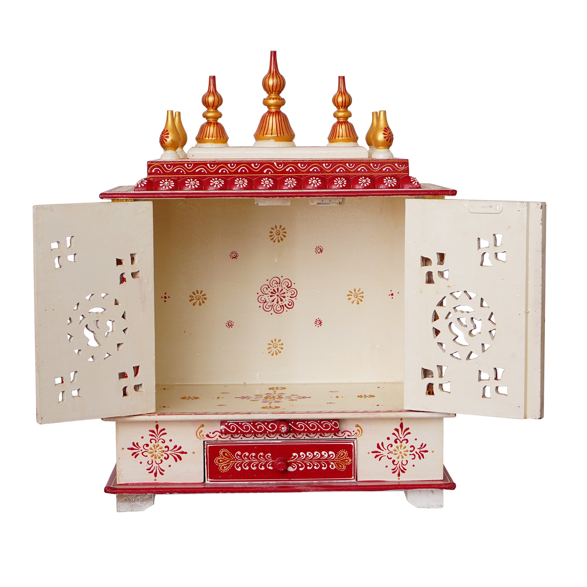 White and Red Wooden Pooja Temple/Mandir with Door and Storage Option 4