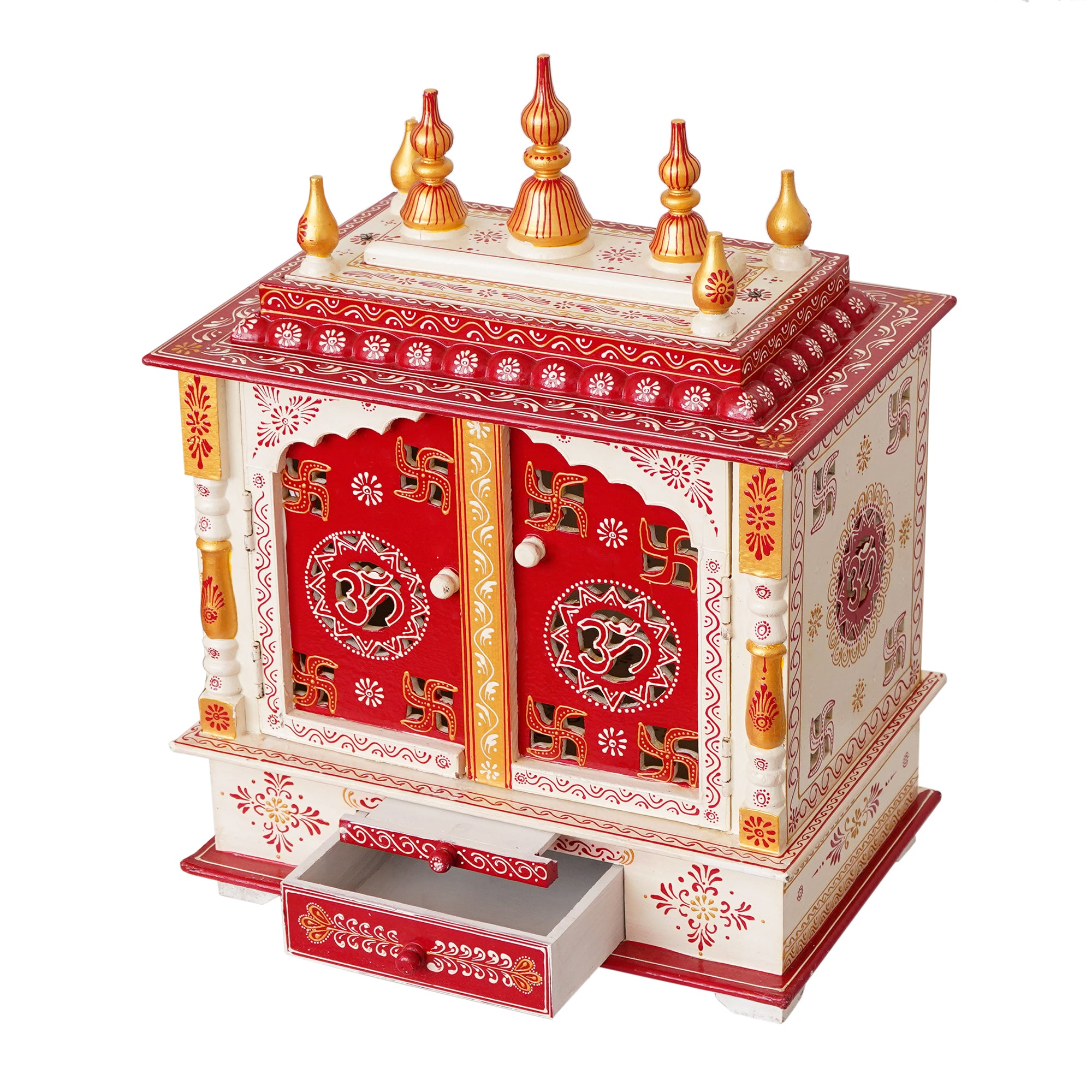 White and Red Wooden Pooja Temple/Mandir with Door and Storage Option 5