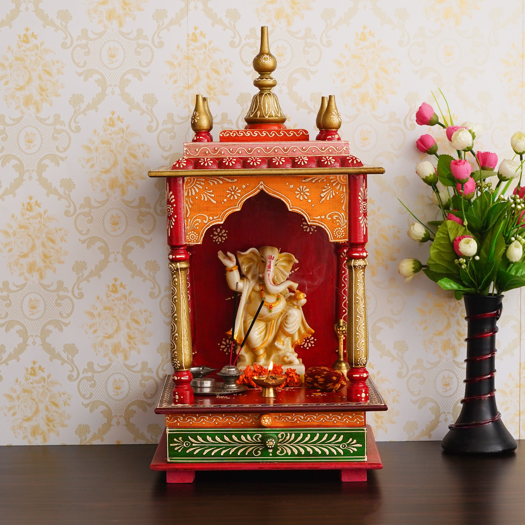 Red, Orange and Green Wooden Pooja Temple/Mandir with Storage Option