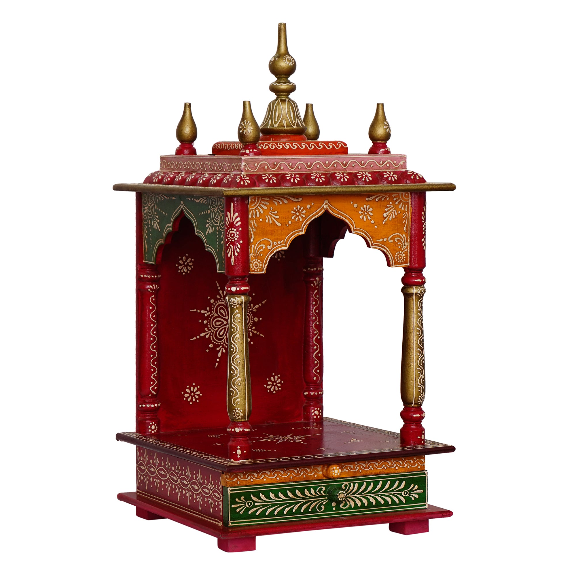 Red, Orange and Green Wooden Pooja Temple/Mandir with Storage Option 2