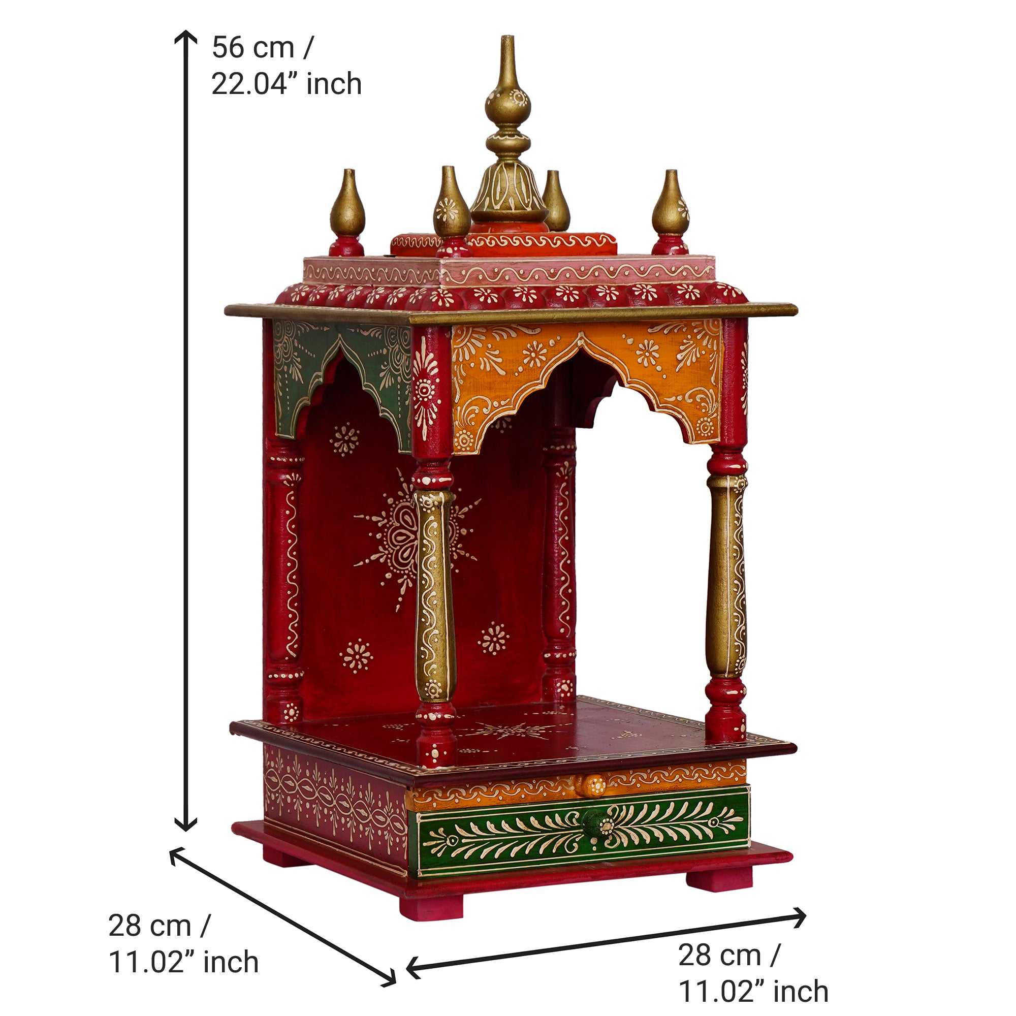 Red, Orange and Green Wooden Pooja Temple/Mandir with Storage Option 3