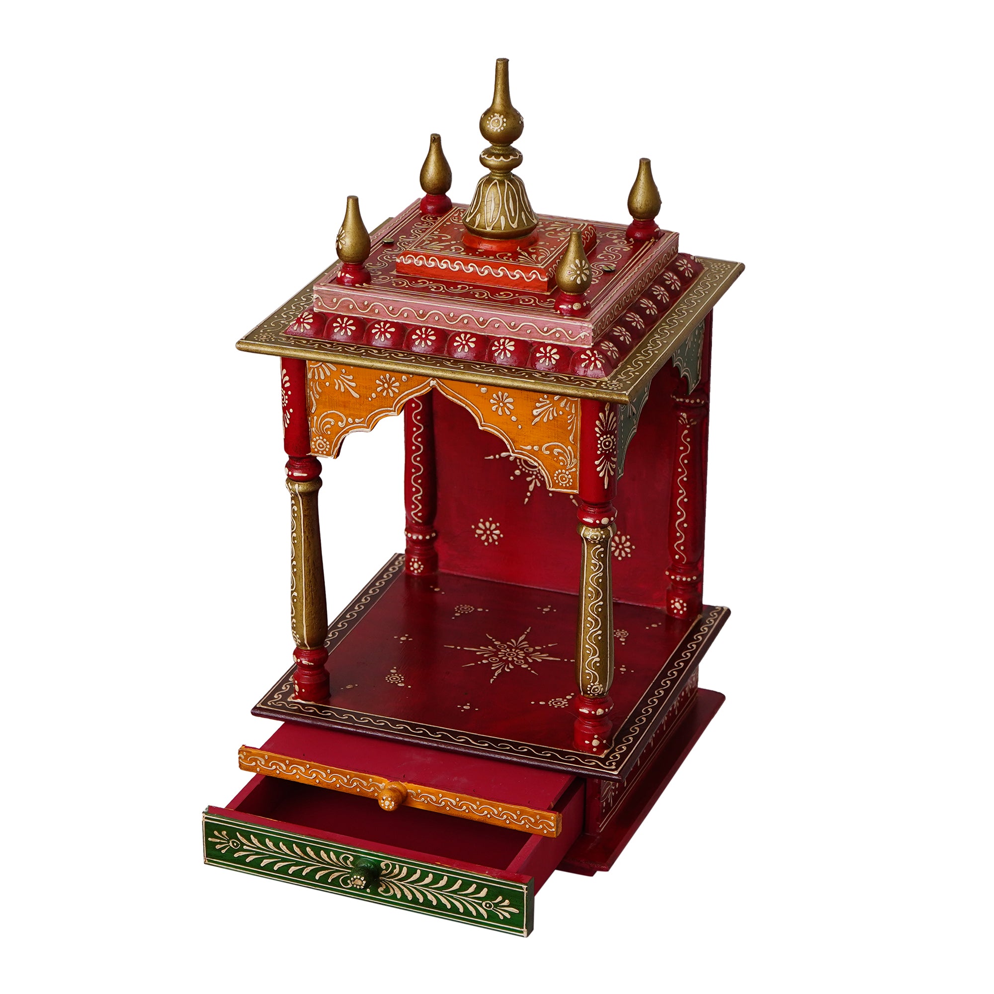 Red, Orange and Green Wooden Pooja Temple/Mandir with Storage Option 5