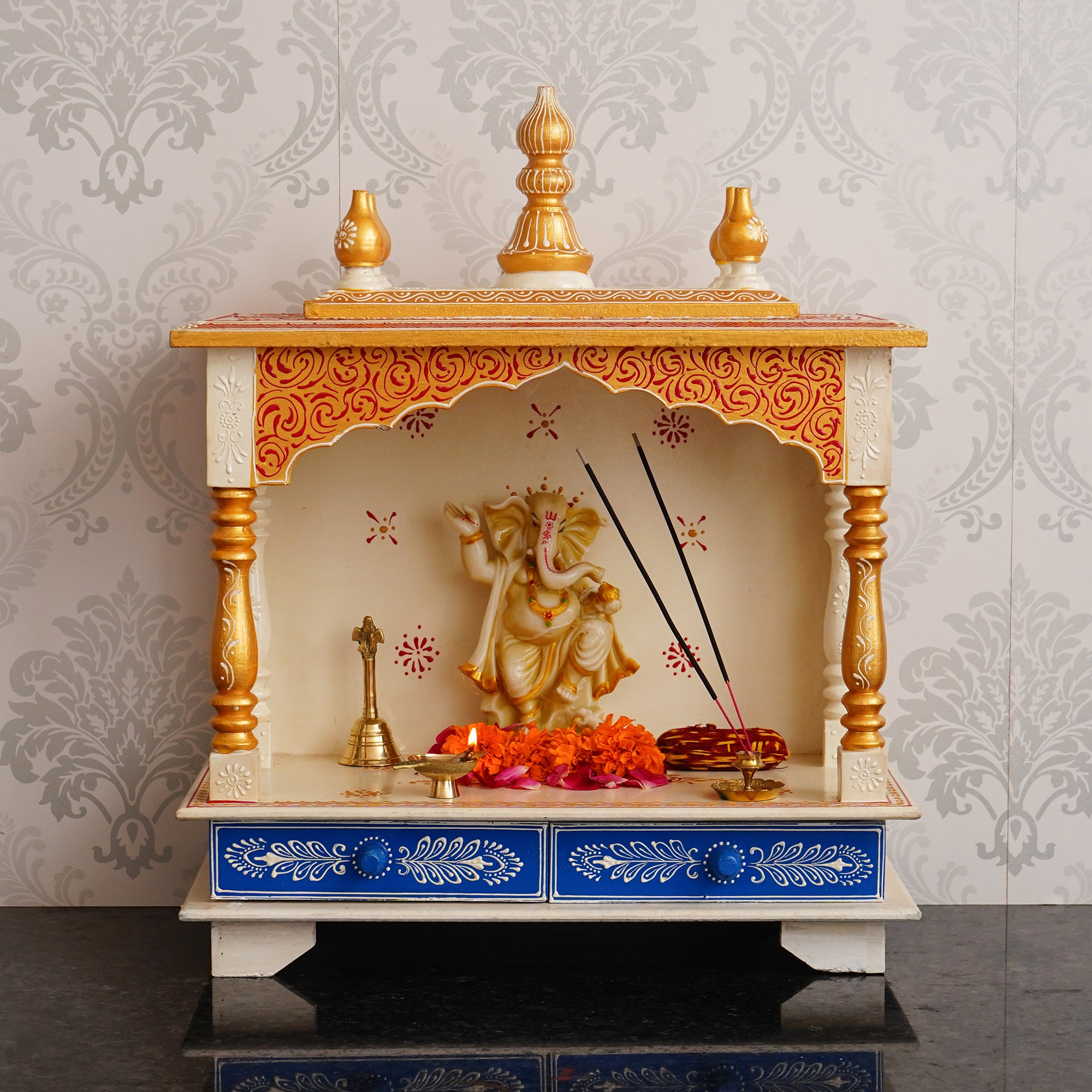 White and Blue Wooden Pooja Temple/Mandir with Storage Option 1