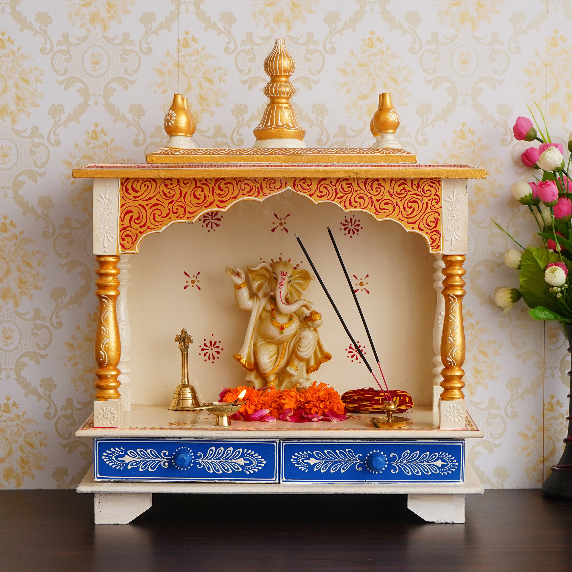 White and Blue Wooden Pooja Temple/Mandir with Storage Option