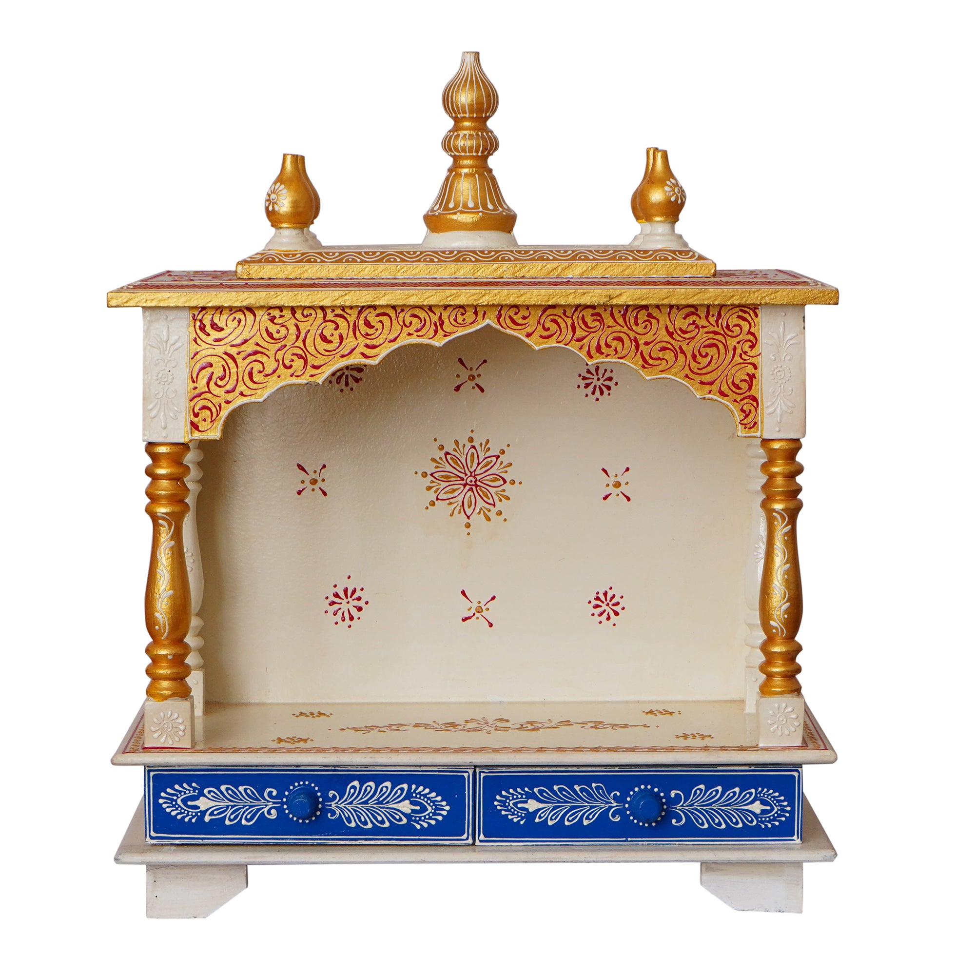 White and Blue Wooden Pooja Temple/Mandir with Storage Option 4