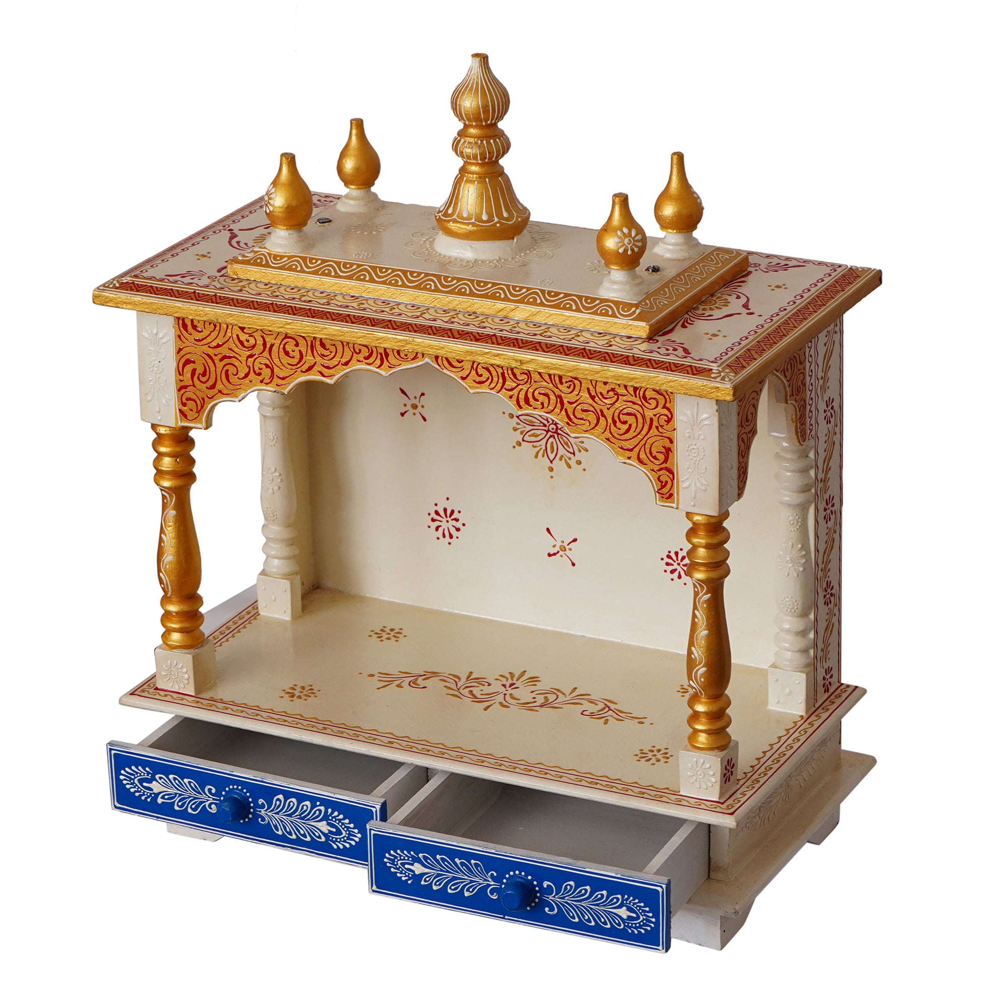 White and Blue Wooden Pooja Temple/Mandir with Storage Option 5