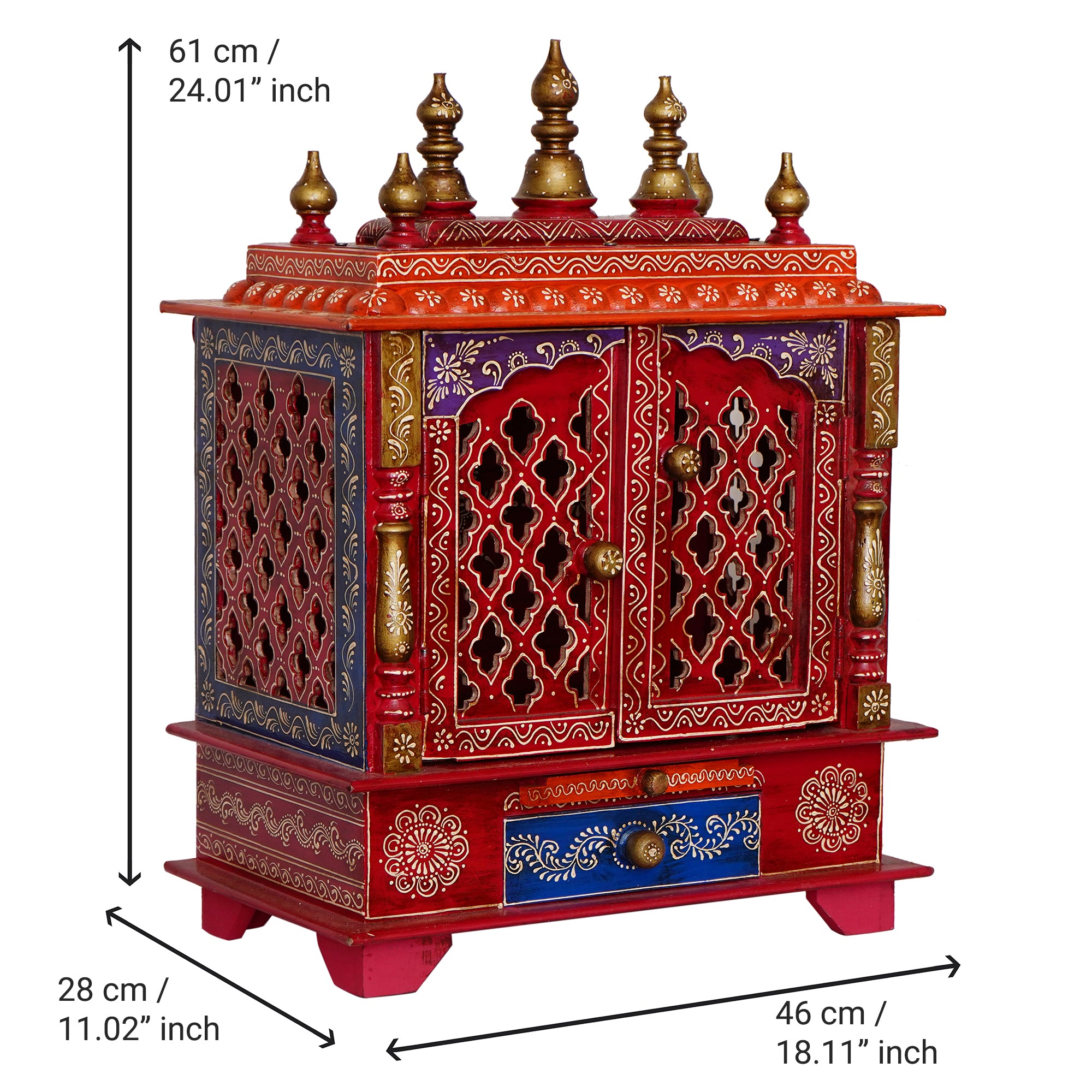 Red Wooden Pooja Temple/Mandir with Door and Storage Option 3