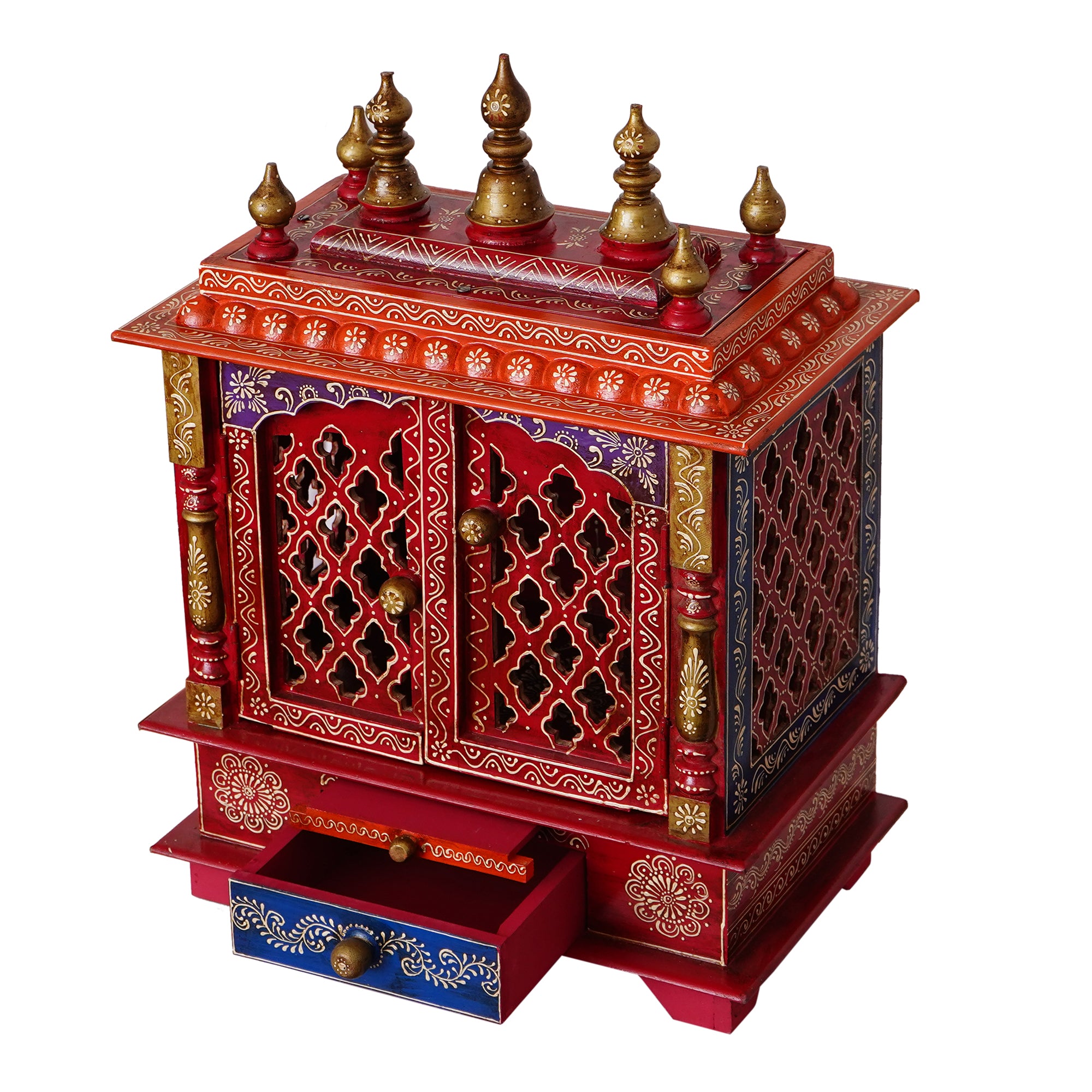 Red Wooden Pooja Temple/Mandir with Door and Storage Option 5