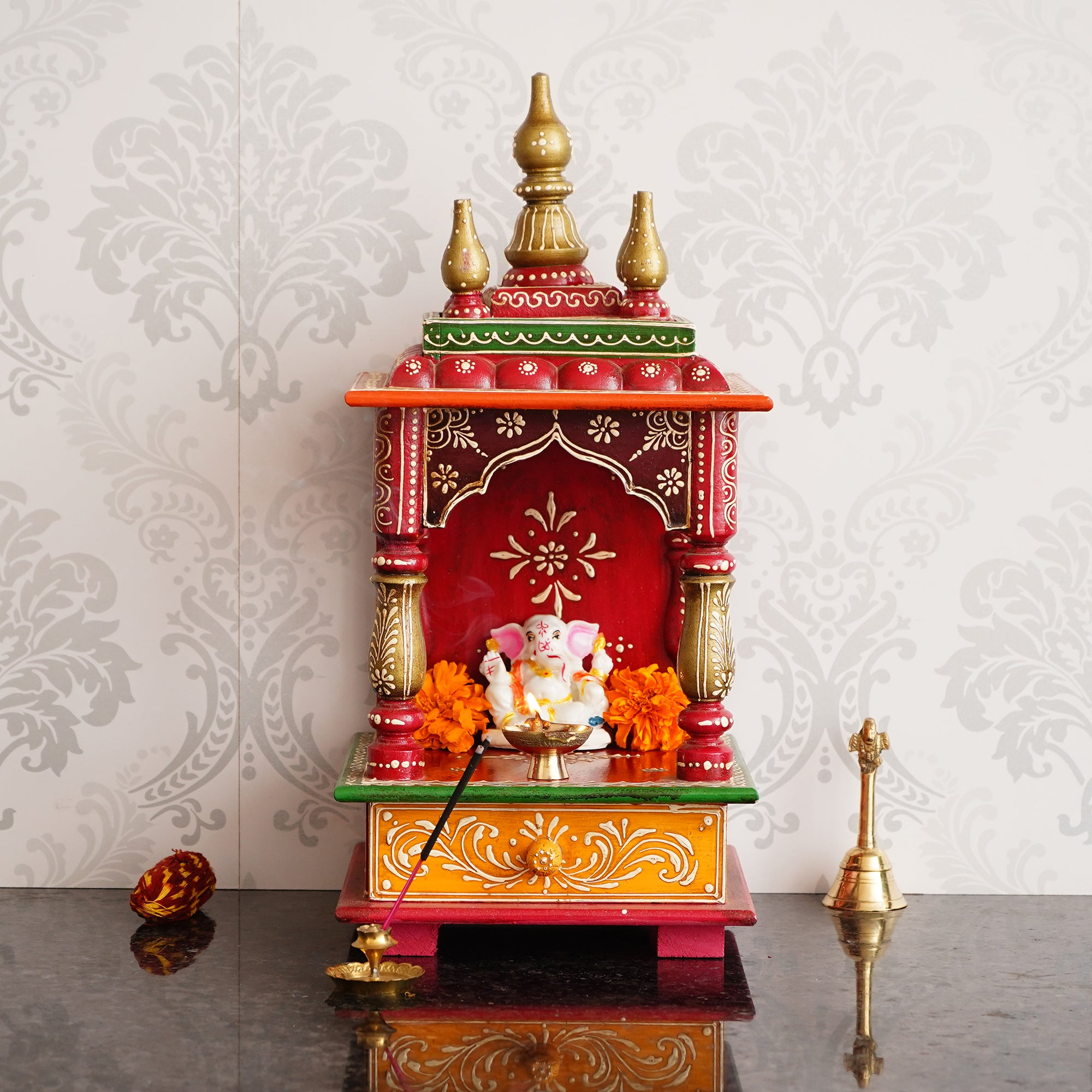 Red and Orange Wooden Pooja Temple/Mandir with Storage Option 1
