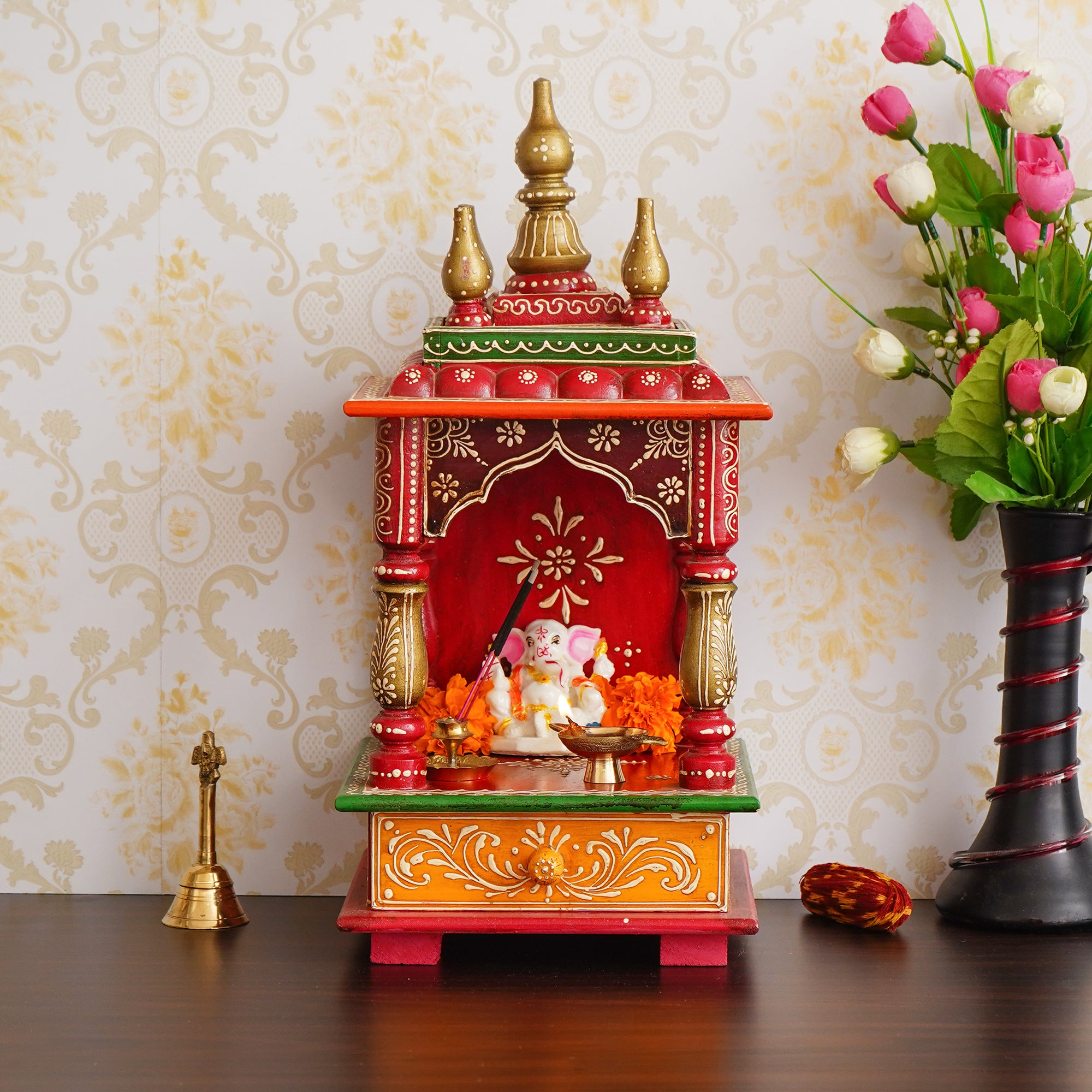 Red and Orange Wooden Pooja Temple/Mandir with Storage Option