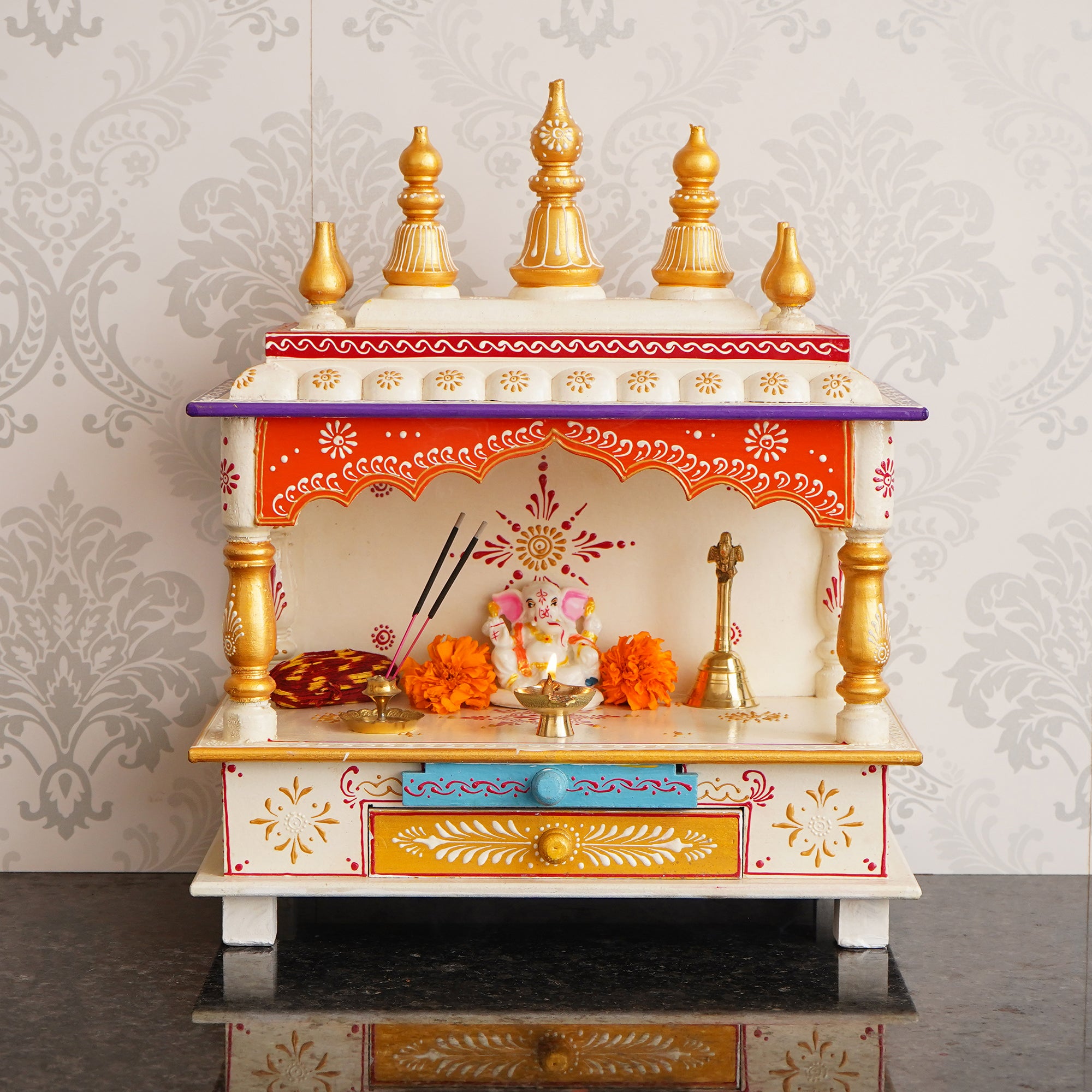 Golden, White and Orange Wooden Pooja Temple/Mandir with Storage Option 1
