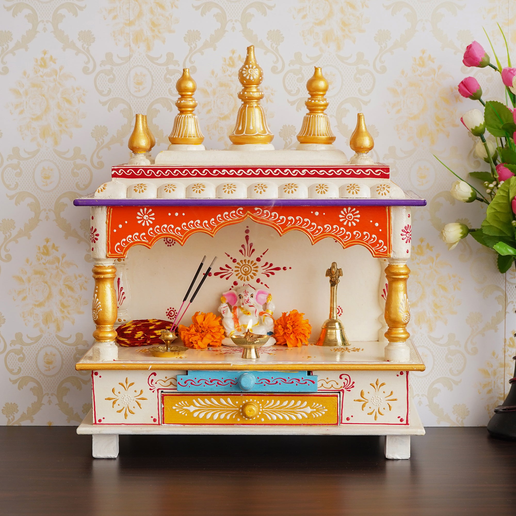 Golden, White and Orange Wooden Pooja Temple/Mandir with Storage Option
