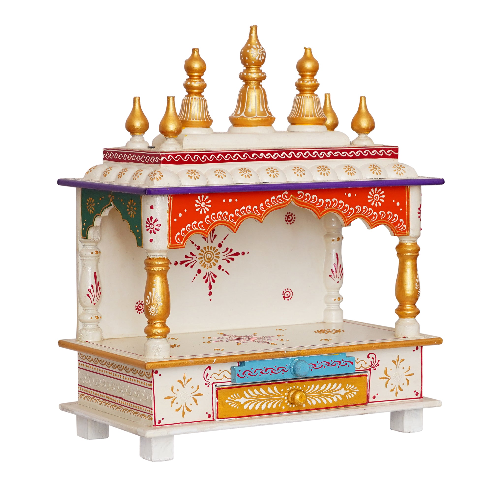 Golden, White and Orange Wooden Pooja Temple/Mandir with Storage Option 2