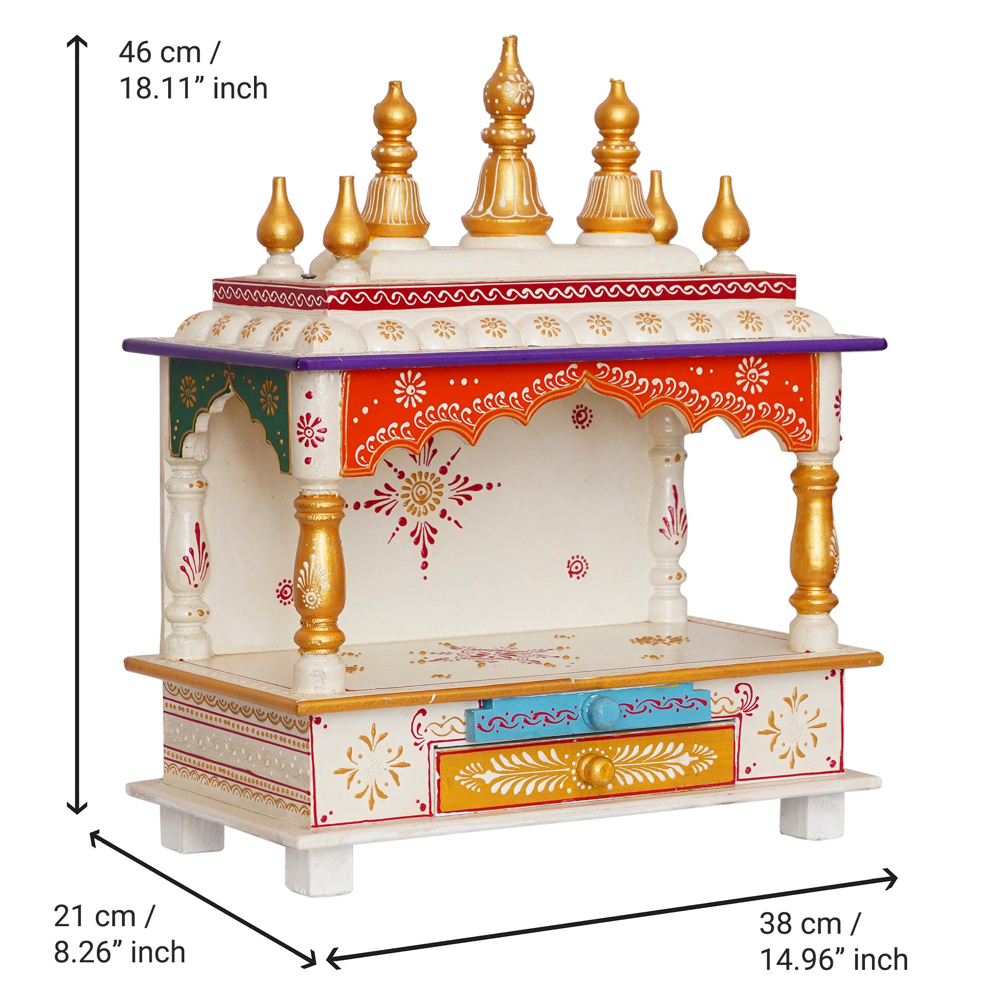 Golden, White and Orange Wooden Pooja Temple/Mandir with Storage Option 3