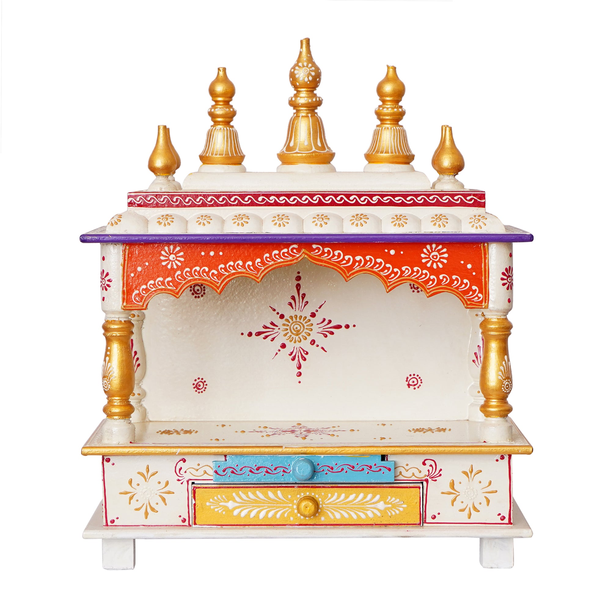 Golden, White and Orange Wooden Pooja Temple/Mandir with Storage Option 4
