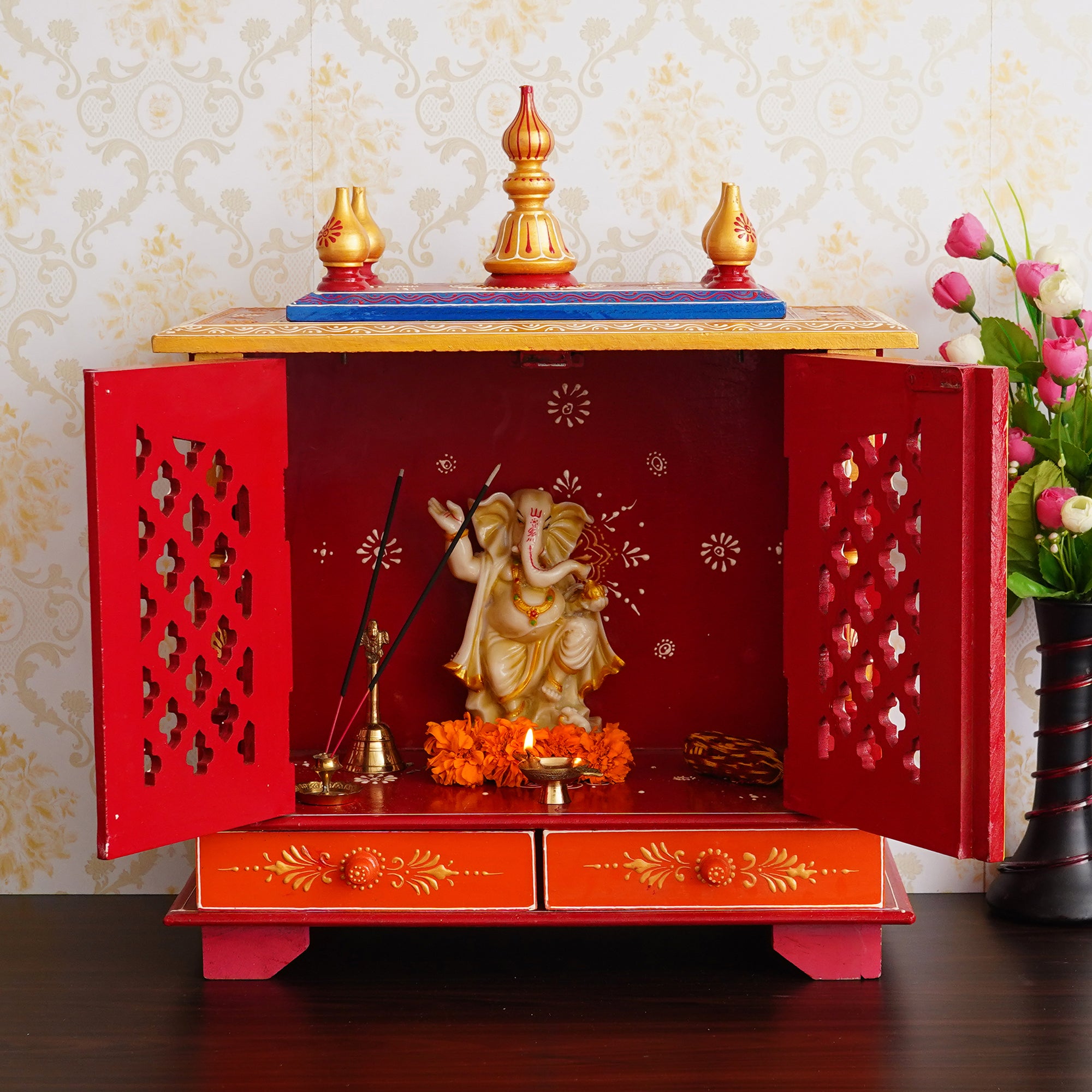 Red and Blue Wooden Pooja Temple/Mandir with Door and Storage Option 1
