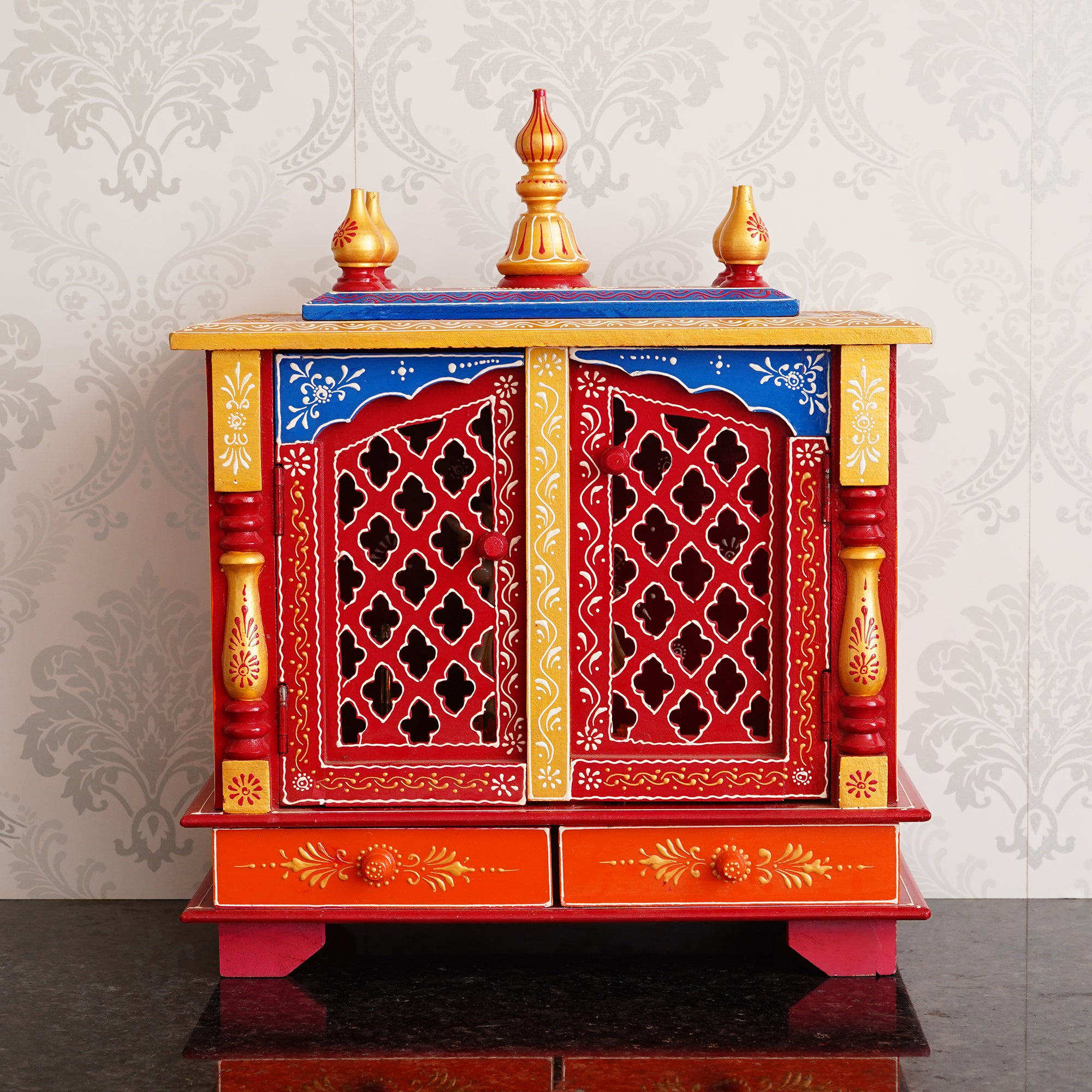 Red and Blue Wooden Pooja Temple/Mandir with Door and Storage Option
