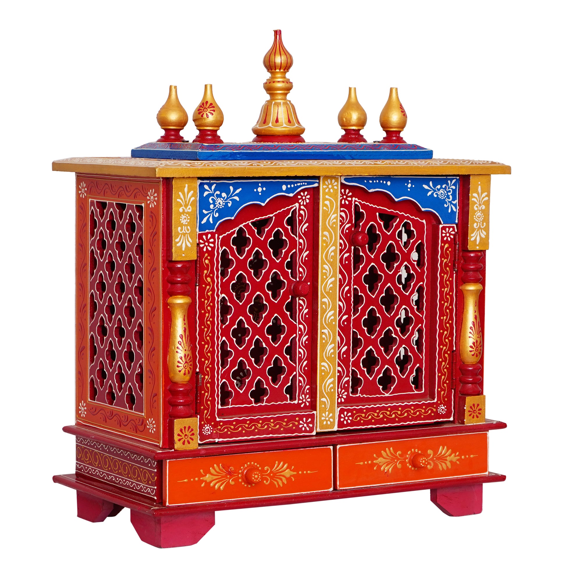Red and Blue Wooden Pooja Temple/Mandir with Door and Storage Option 2