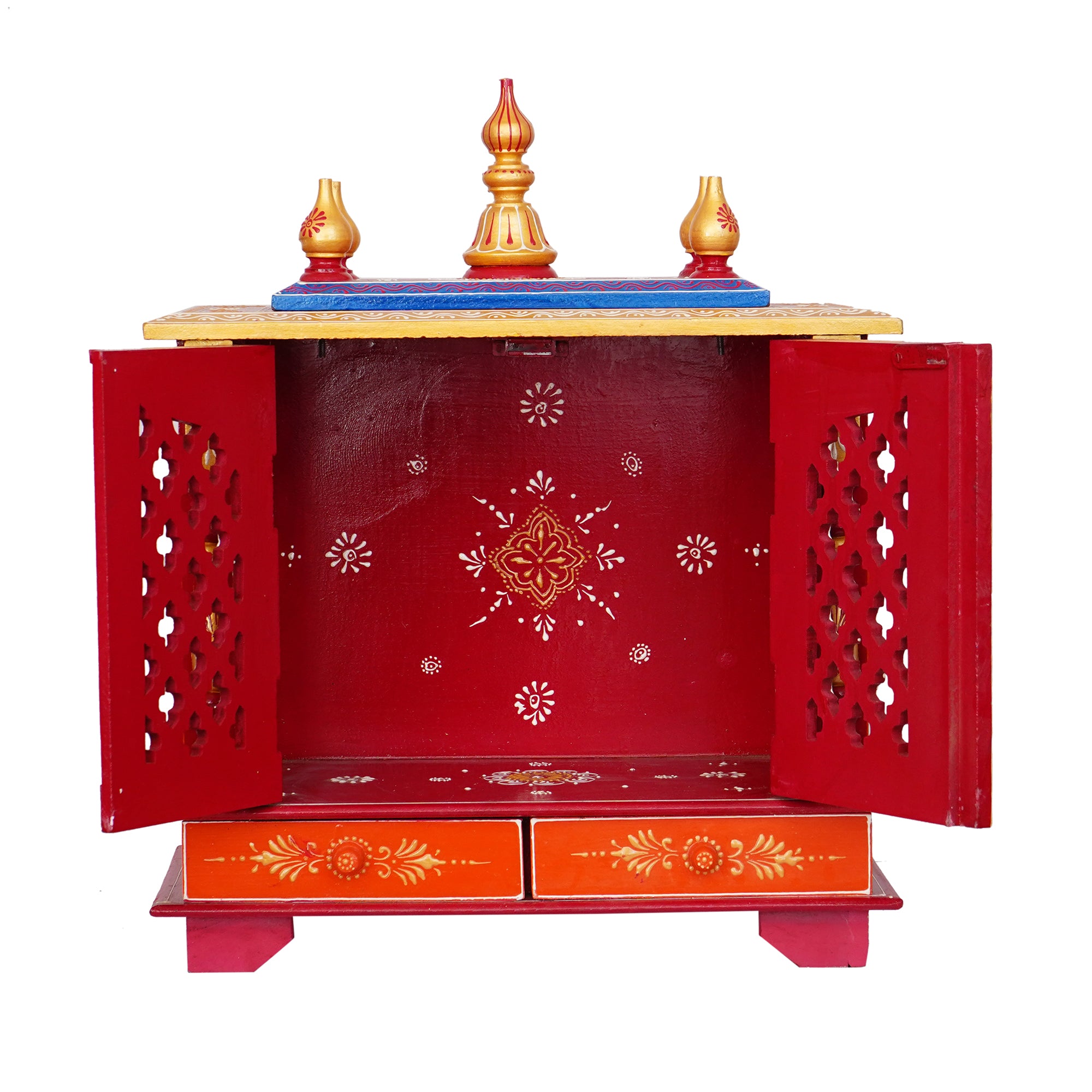 Red and Blue Wooden Pooja Temple/Mandir with Door and Storage Option 4