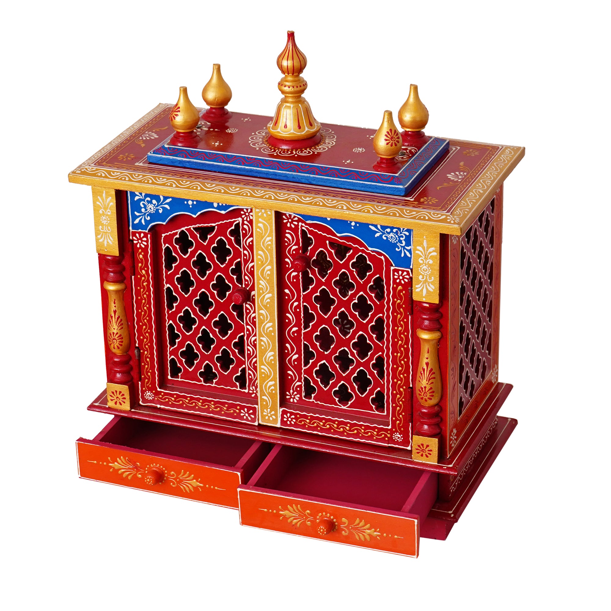 Red and Blue Wooden Pooja Temple/Mandir with Door and Storage Option 5