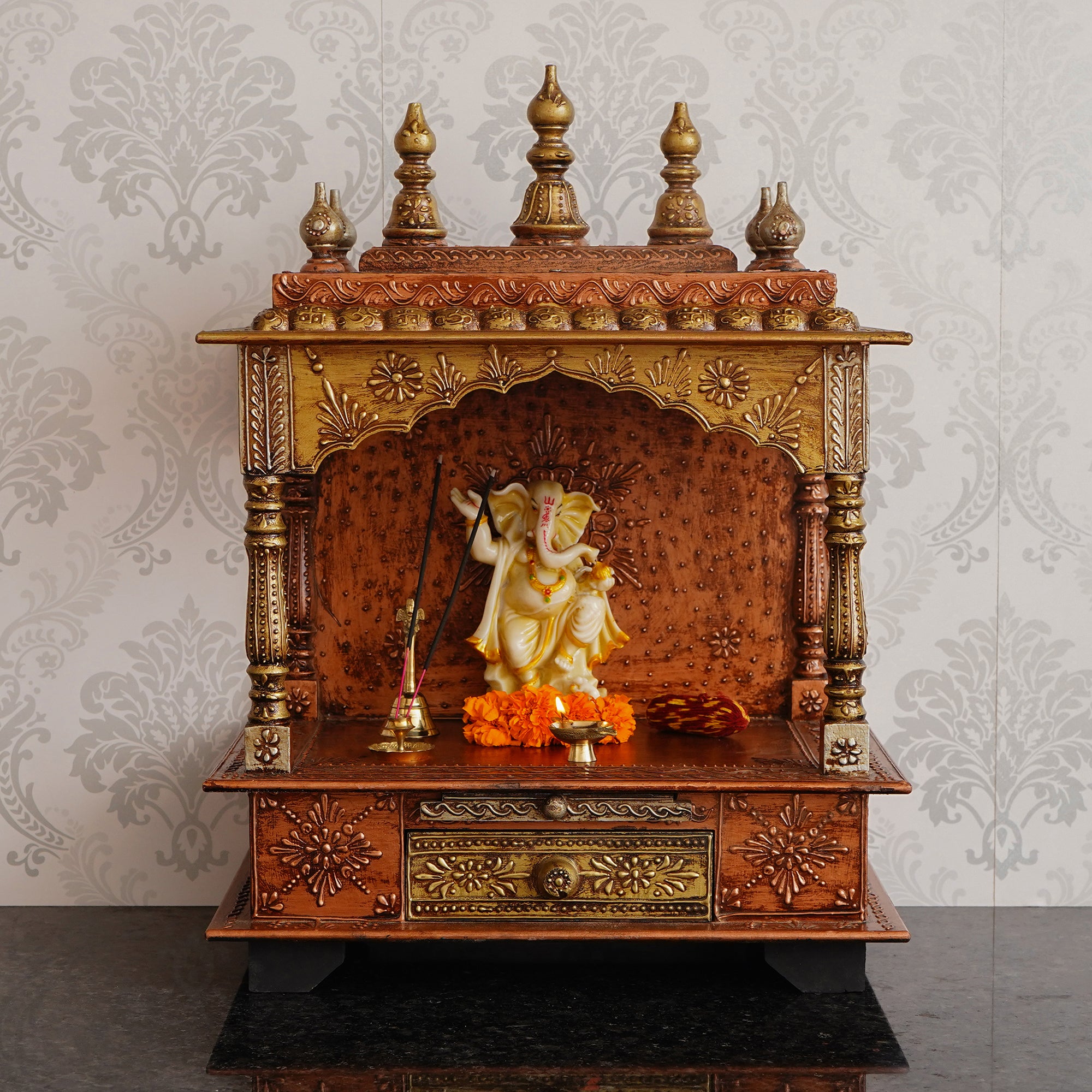 Brown Wooden Pooja Temple/Mandir with Storage Option 1