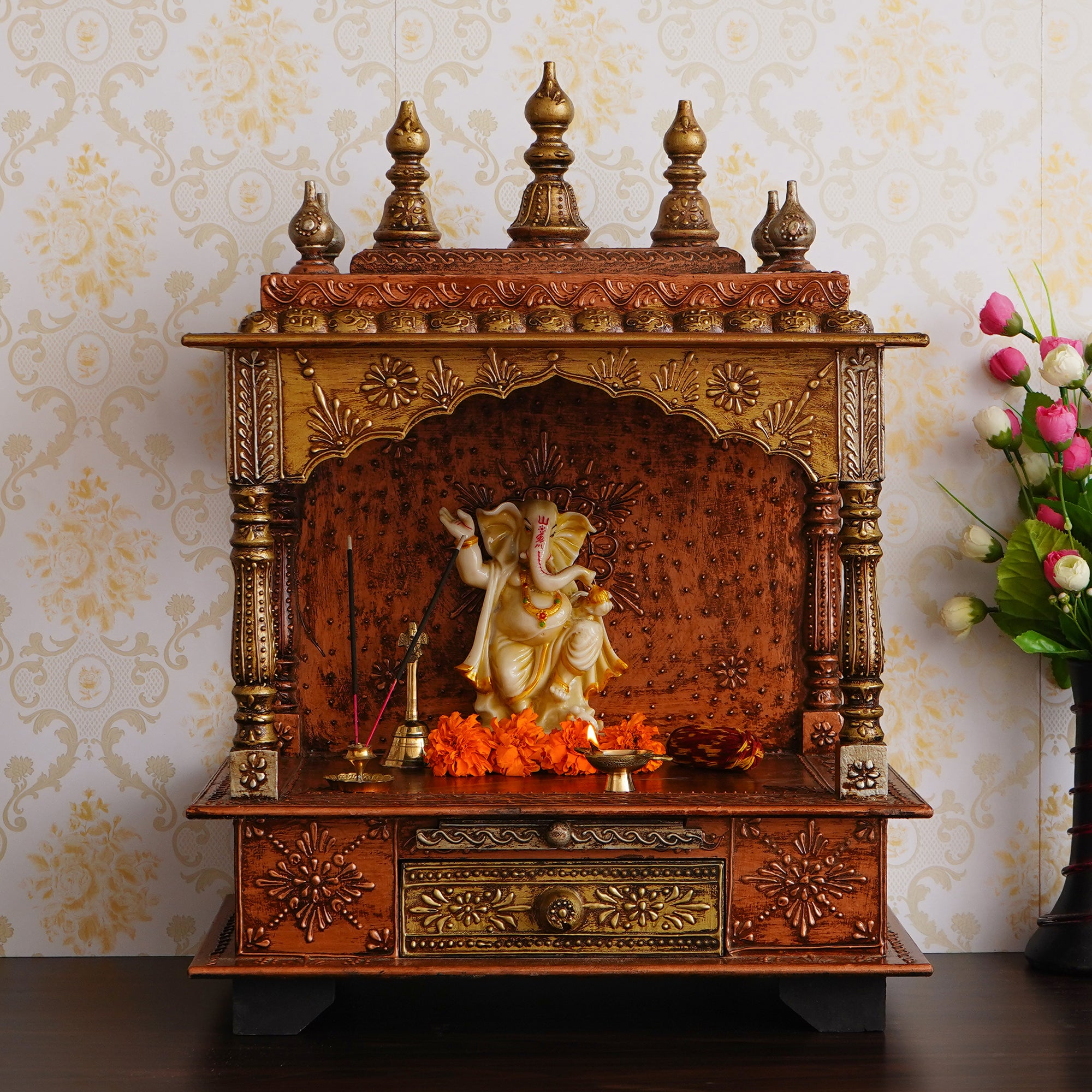 Brown Wooden Pooja Temple/Mandir with Storage Option