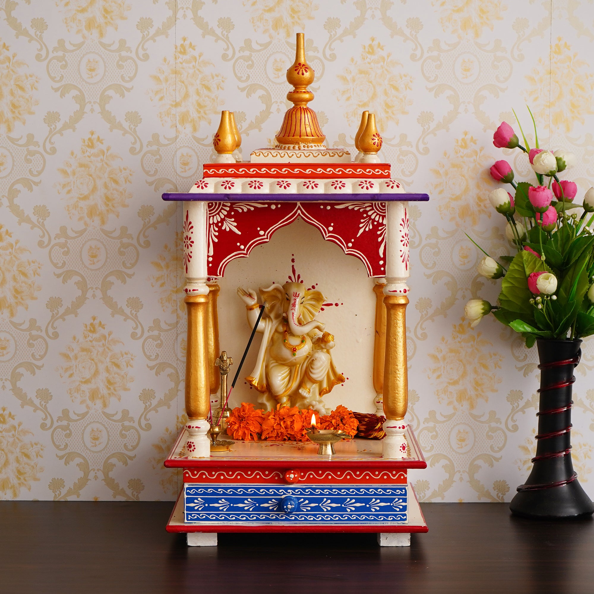 White, Red and Golden Wooden Pooja Temple/Mandir with Storage Option