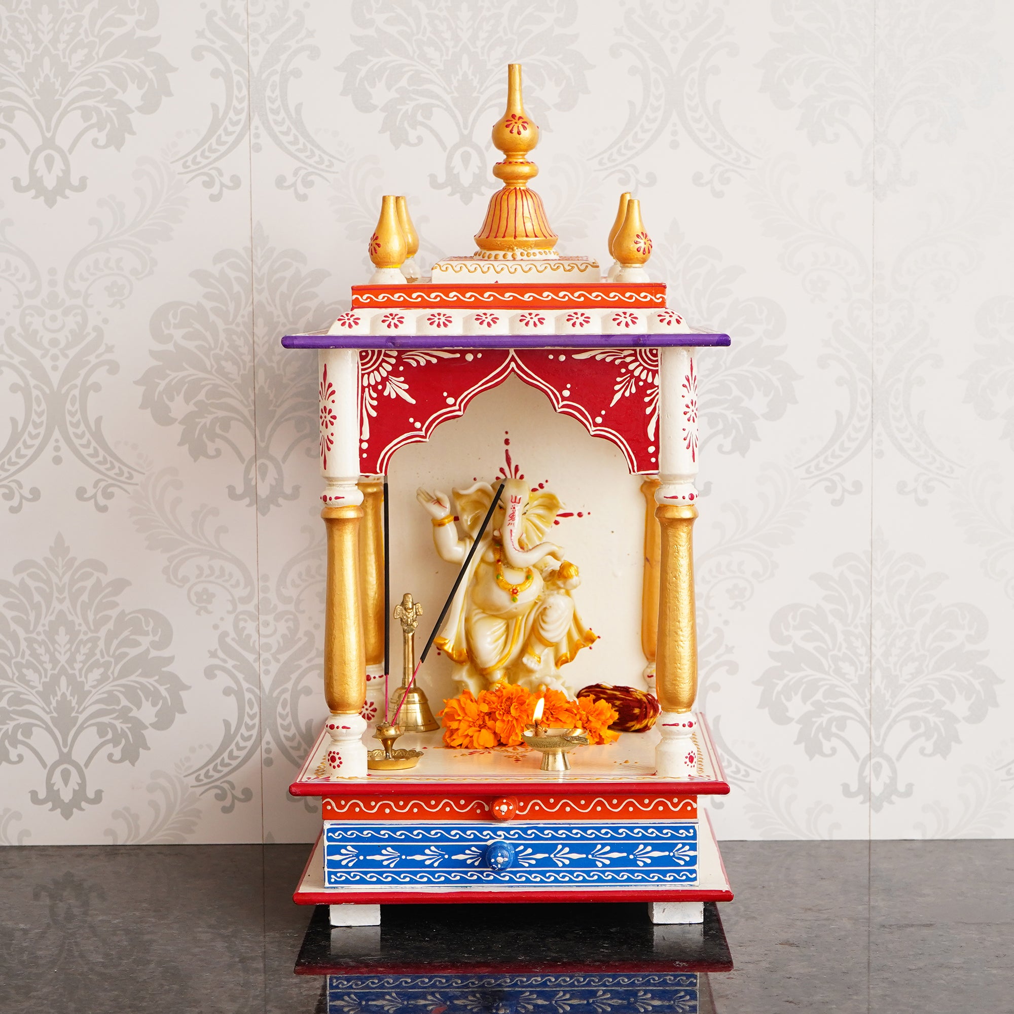 White, Red and Golden Wooden Pooja Temple/Mandir with Storage Option 1