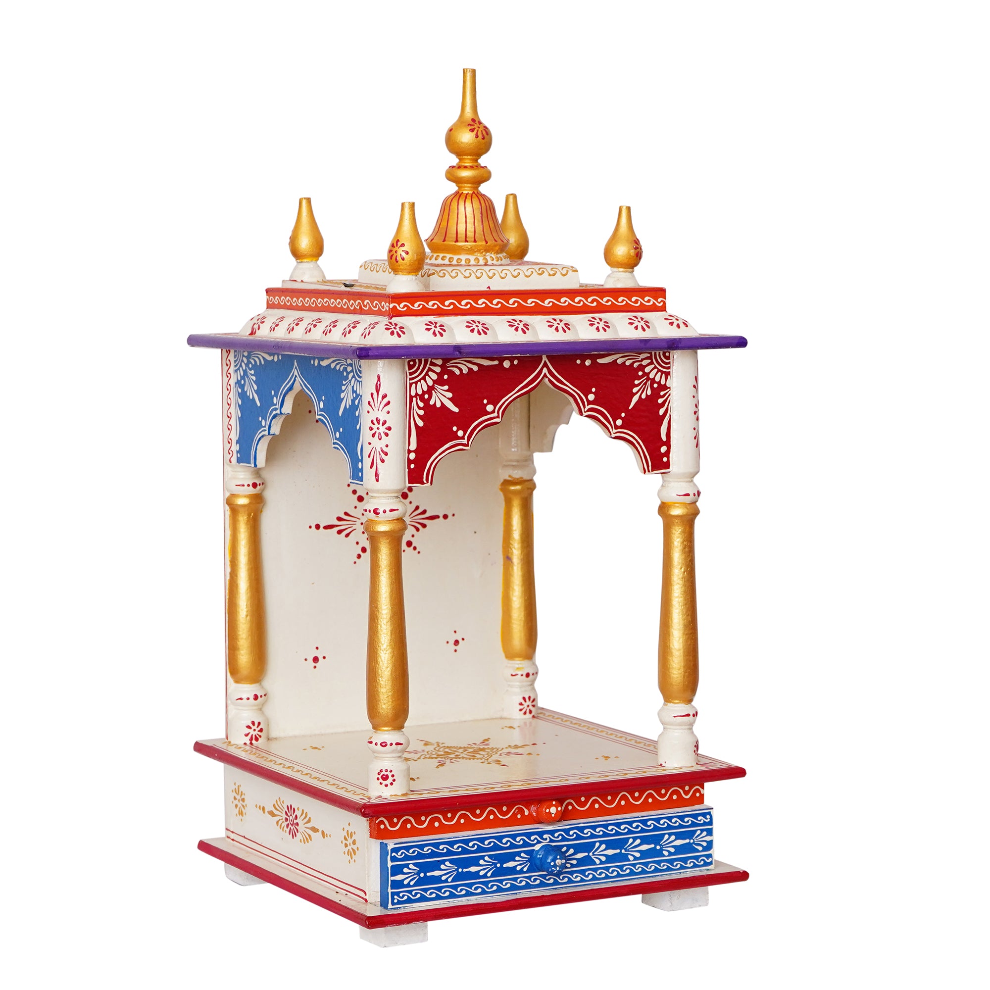 White, Red and Golden Wooden Pooja Temple/Mandir with Storage Option 2