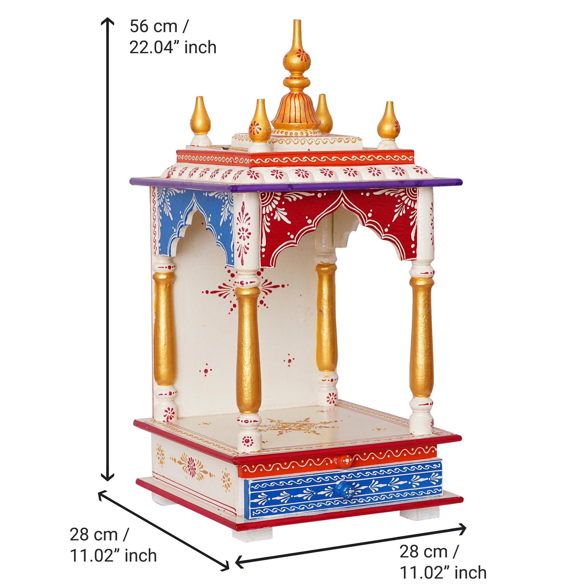 White, Red and Golden Wooden Pooja Temple/Mandir with Storage Option 3