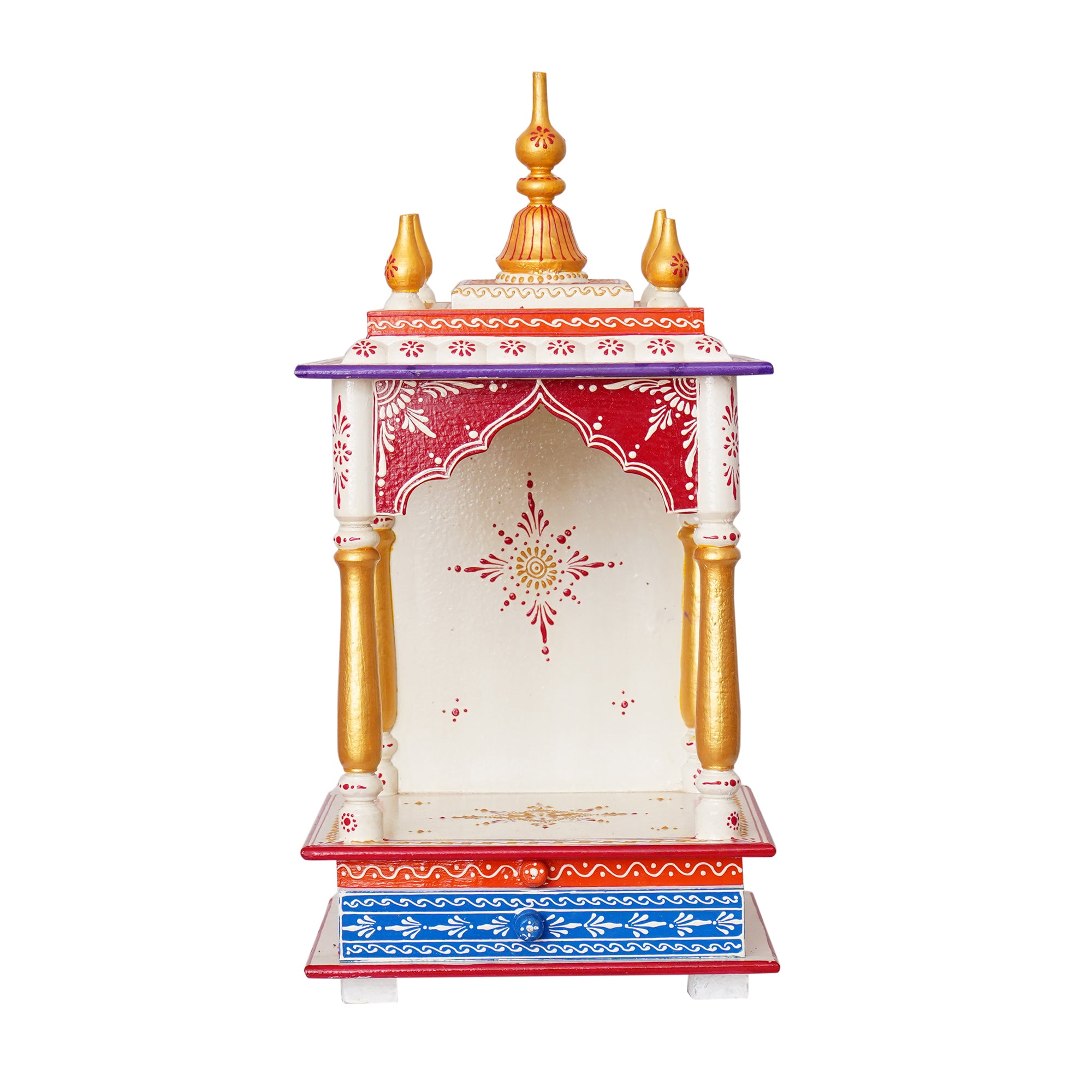 White, Red and Golden Wooden Pooja Temple/Mandir with Storage Option 4