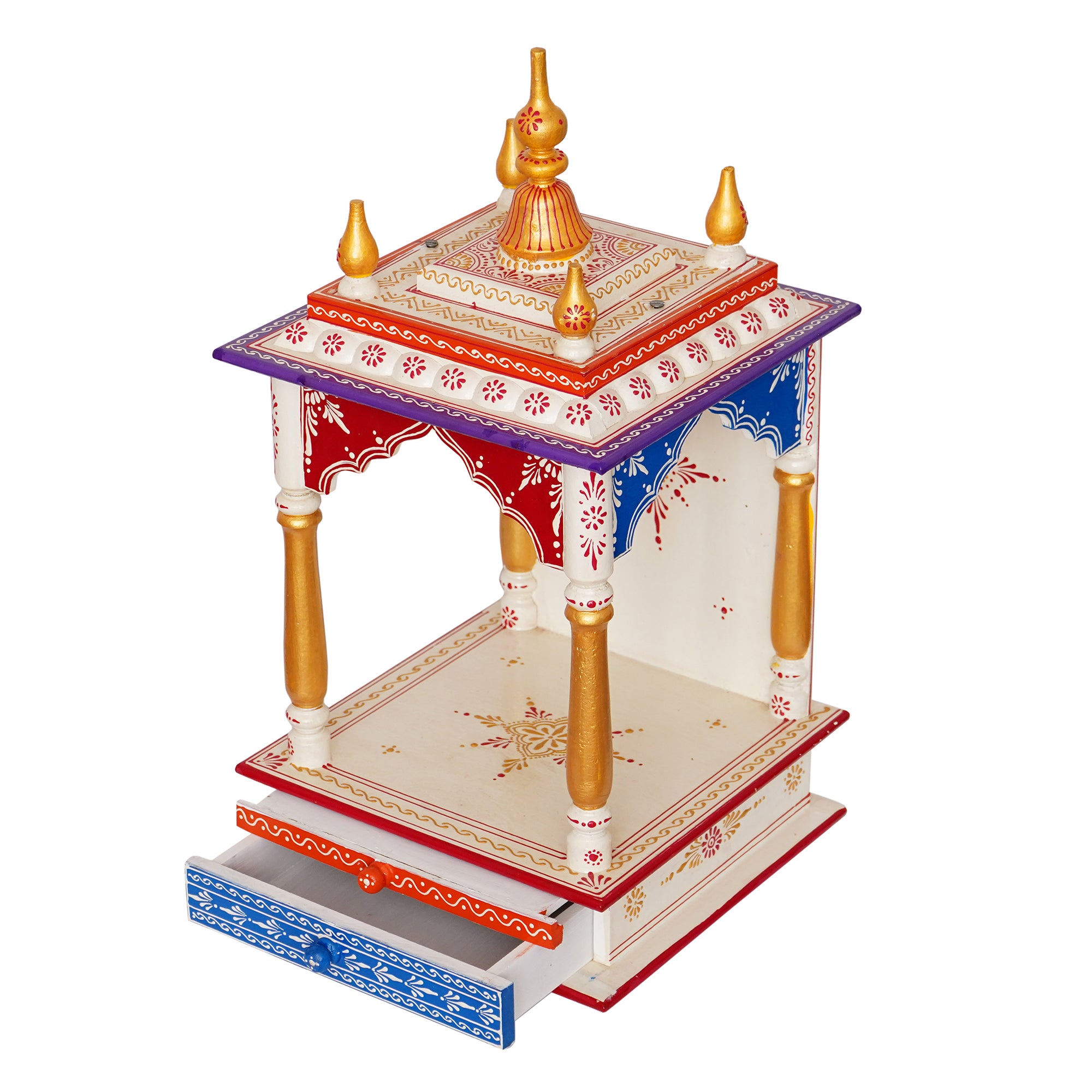 White, Red and Golden Wooden Pooja Temple/Mandir with Storage Option 5